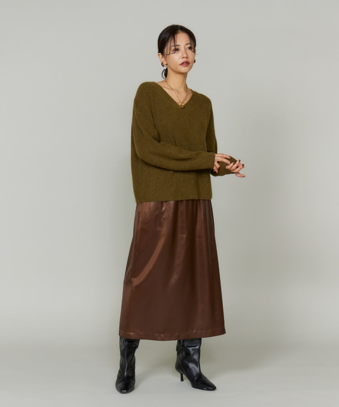 ルスーク Le Souk 《大きいサイズ》レザーライクギャザーストレートスカート （ブラウン） ブラウン