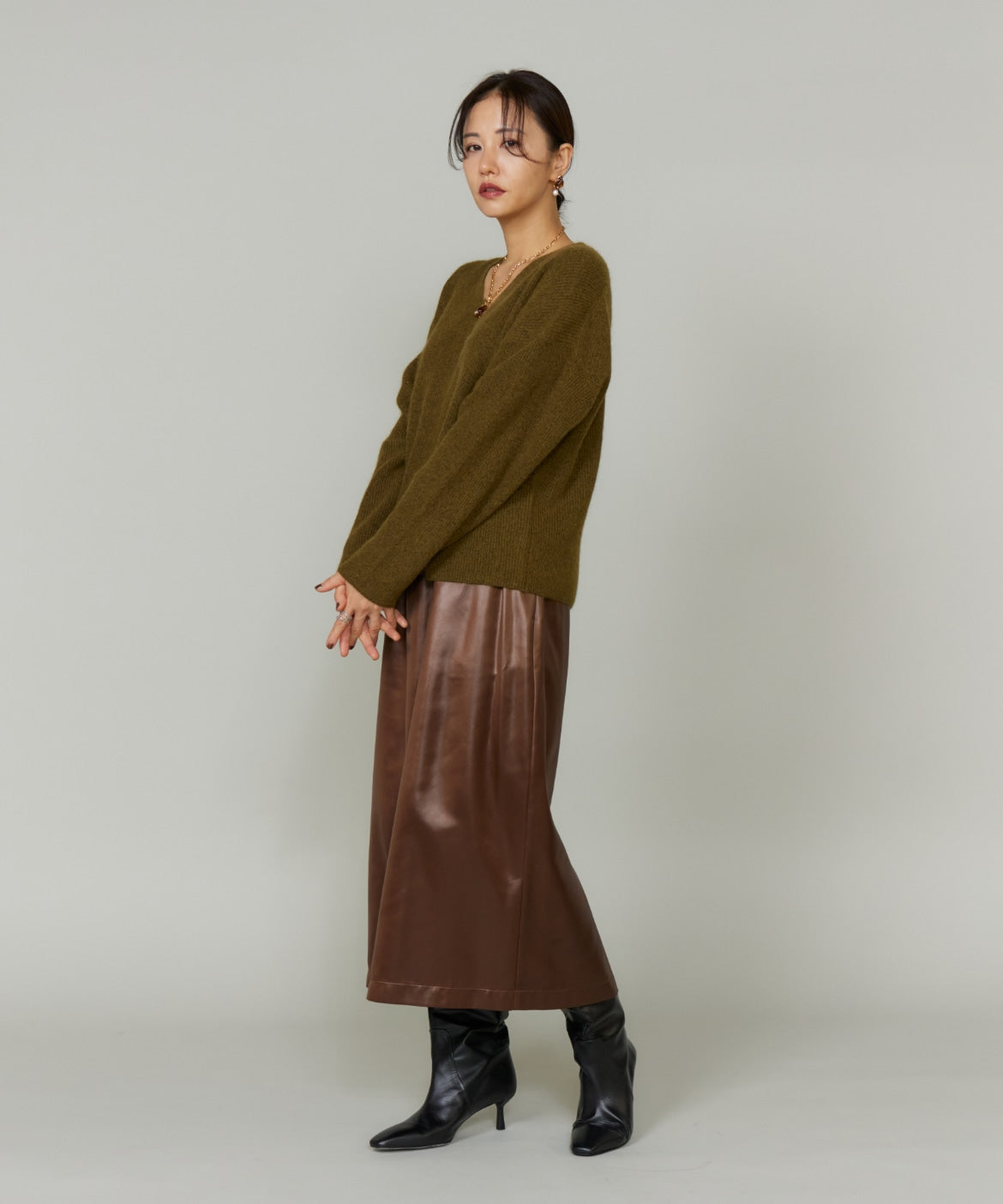 ルスーク Le Souk 《大きいサイズ》レザーライクギャザーストレートスカート （ブラウン） ブラウン