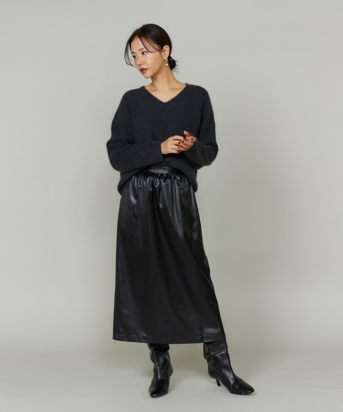 ルスーク Le Souk 《大きいサイズ》レザーライクギャザーストレートスカート （ブラウン） ブラウン