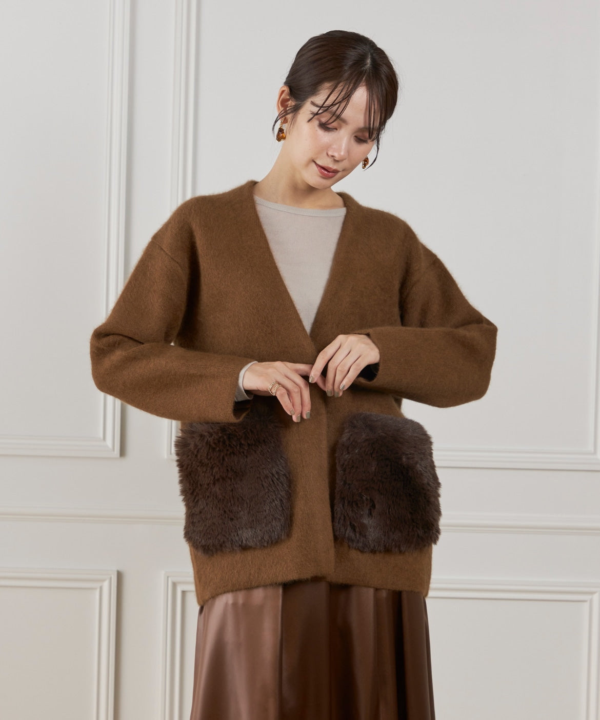 ルスーク Le Souk 《45th限定企画》ラクーン接結編みニットジャケット （ブラウン） ブラウン