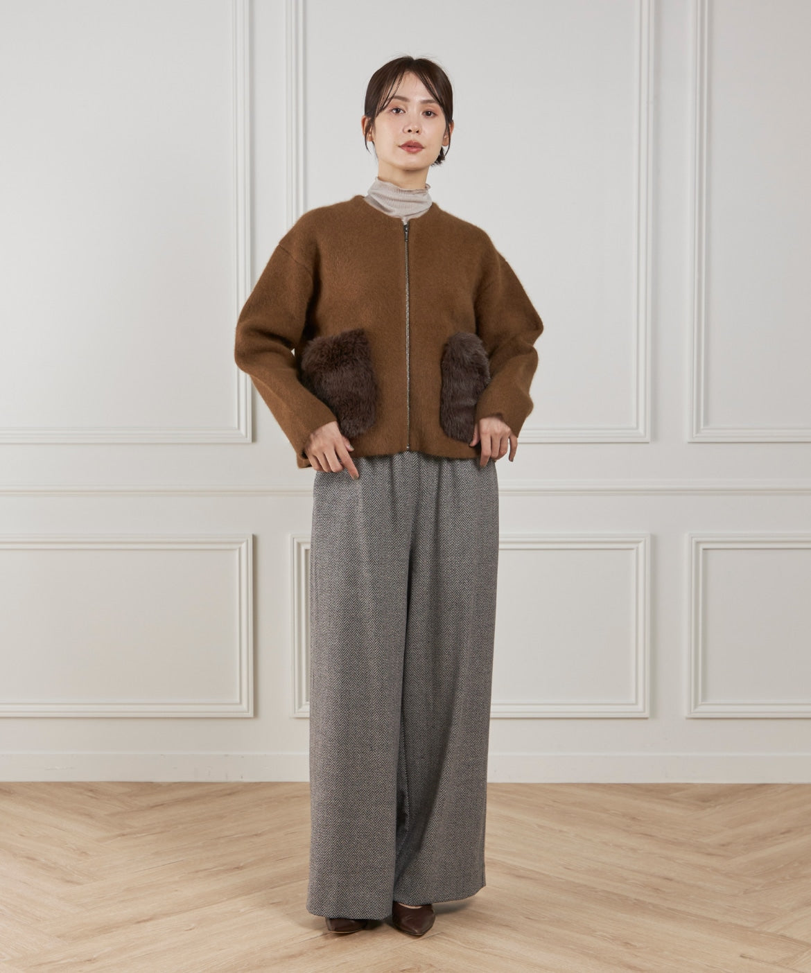 ルスーク Le Souk 《45th限定企画》フェイクファーポケット ラクーン ニットブルゾン （ブラウン） ブラウン