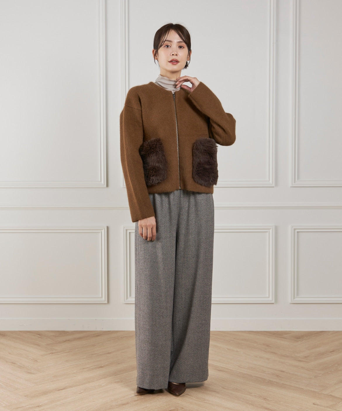 ルスーク Le Souk 《45th限定企画》フェイクファーポケット ラクーン ニットブルゾン （ブラウン） ブラウン