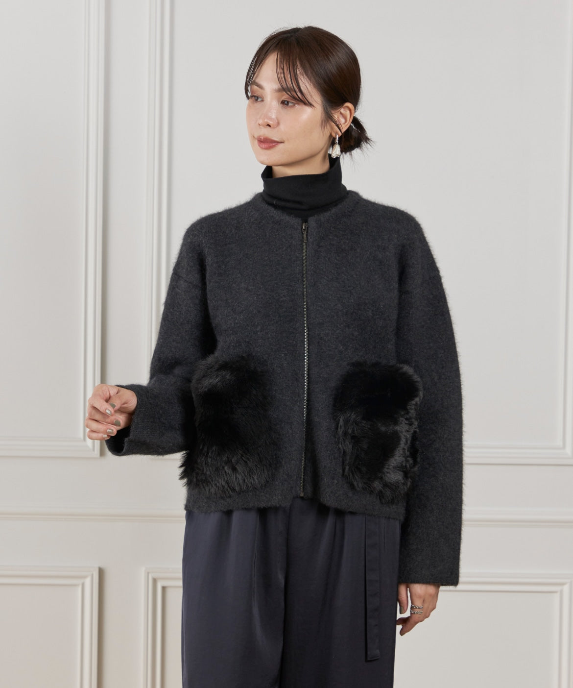 ルスーク Le Souk 《45th限定企画》フェイクファーポケット ラクーン ニットブルゾン （ブラウン） ブラウン