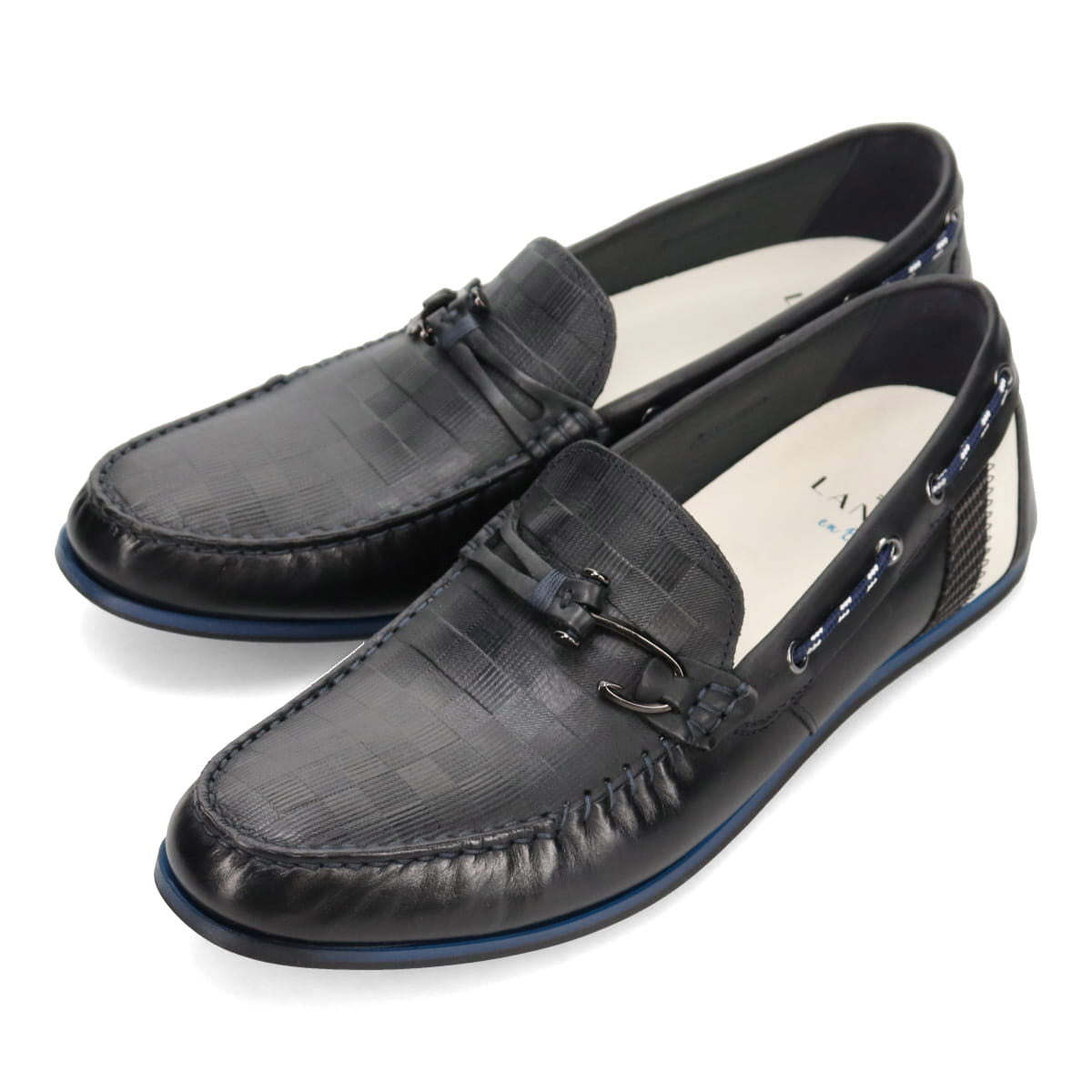 LANVIN en Bleu Block Check Embossed Leather Driving Shoes 86481