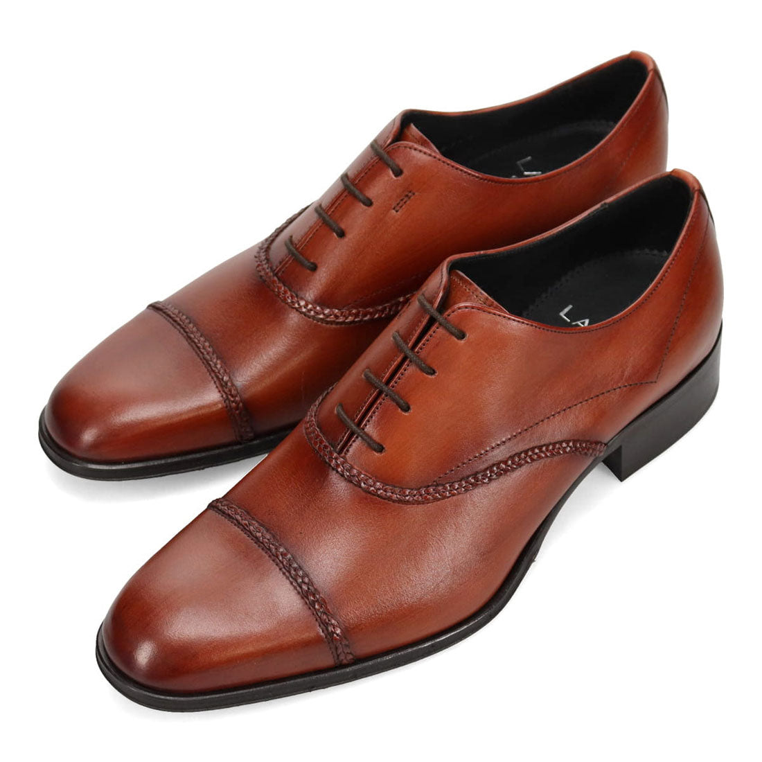 LANVIN COLLECTION 83436: Straight-tip dress shoes with an antiqued calf leather finish and braided leather laces.