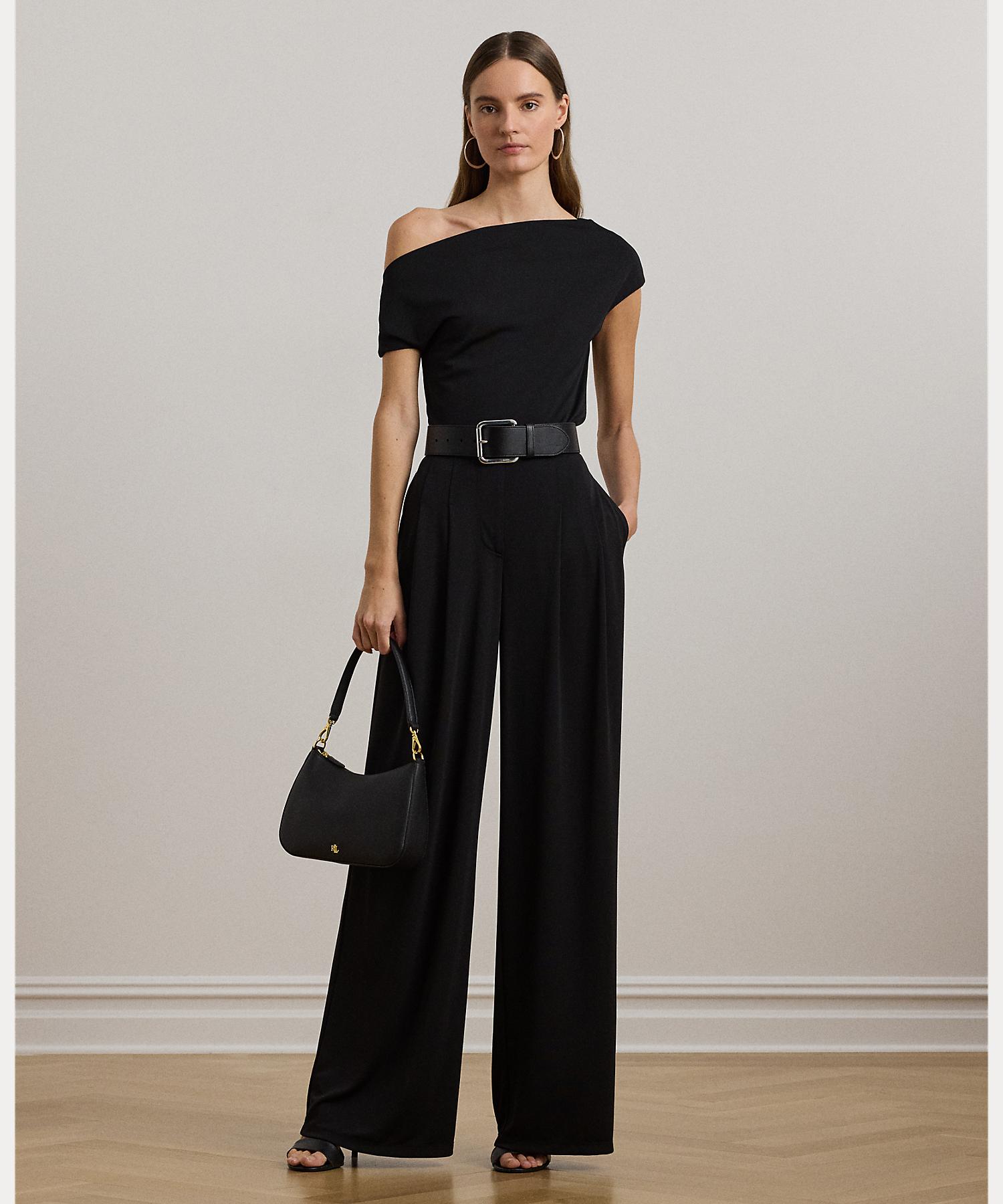 ローレン ラルフ ローレン LAUREN RALPH LAUREN プリーテッド ストレッチ ジャージー ワイドレッグ パンツ （001ブラック） 001ブラック