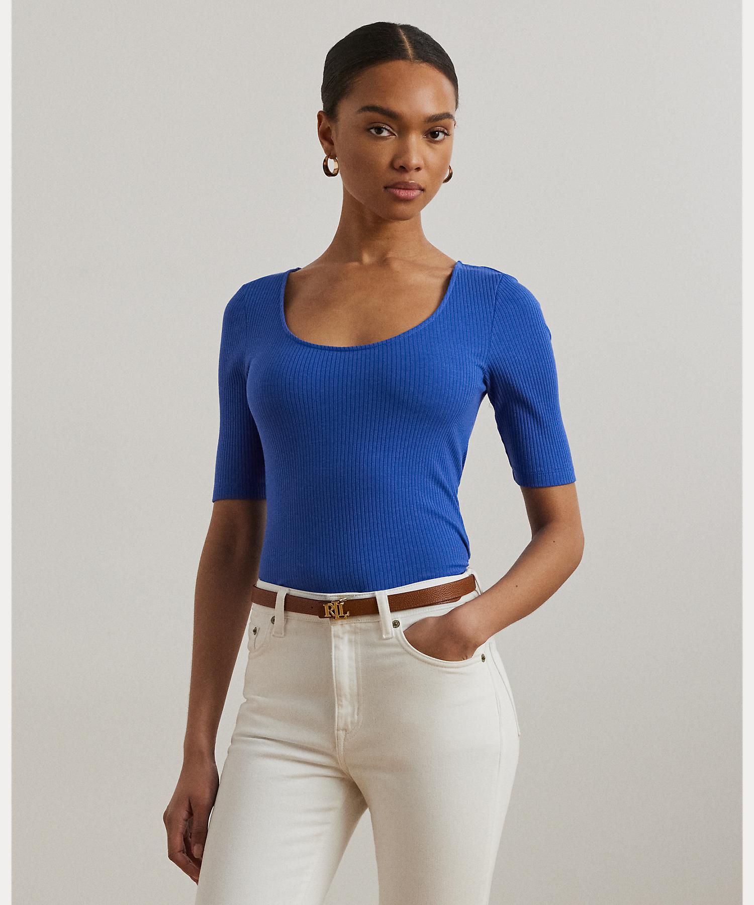 ローレン ラルフ ローレン LAUREN RALPH LAUREN リブニット コットンブレンド エルボースリーブ Tシャツ （400ブルー） 400ブルー