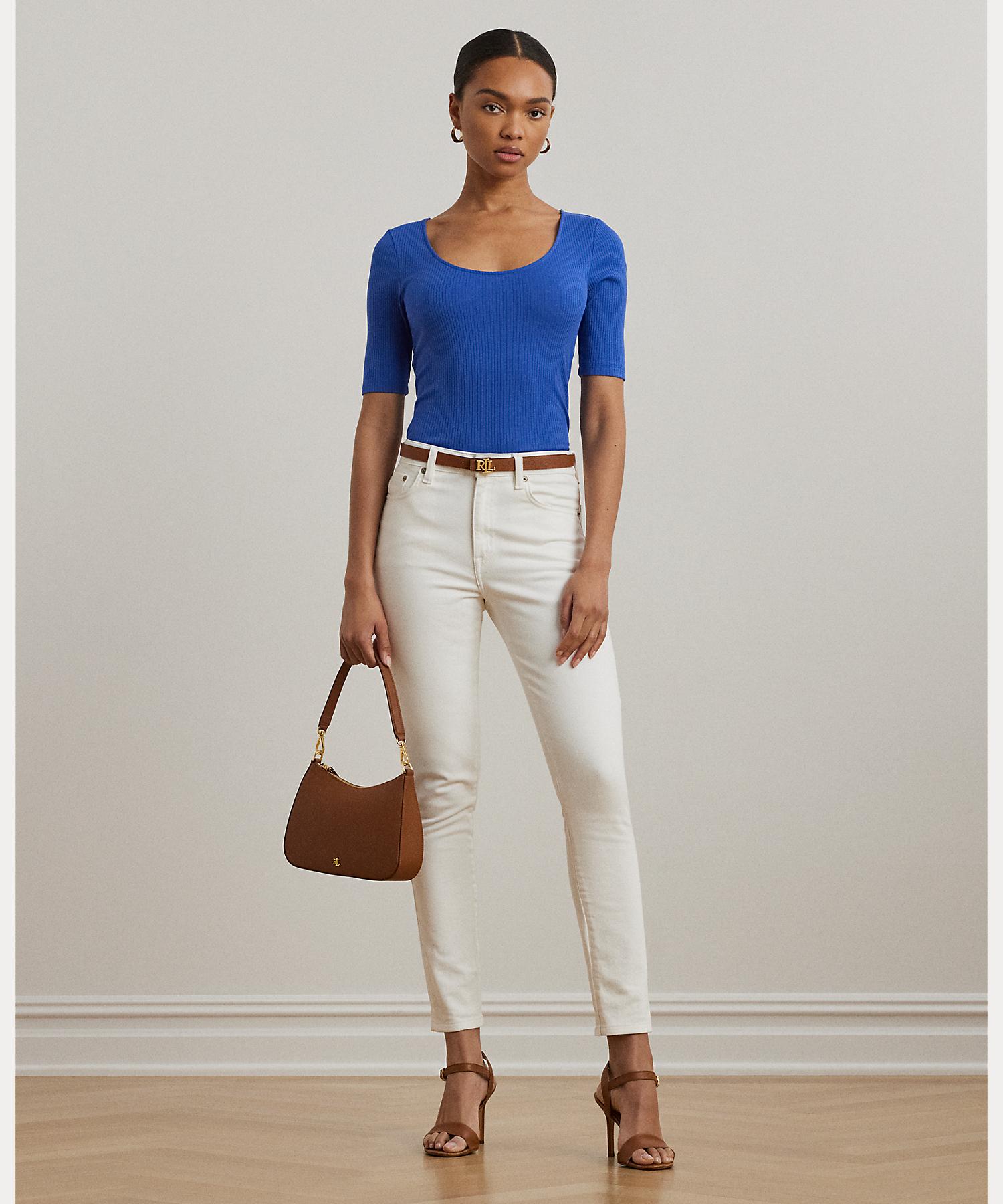 ローレン ラルフ ローレン LAUREN RALPH LAUREN リブニット コットンブレンド エルボースリーブ Tシャツ （400ブルー） 400ブルー