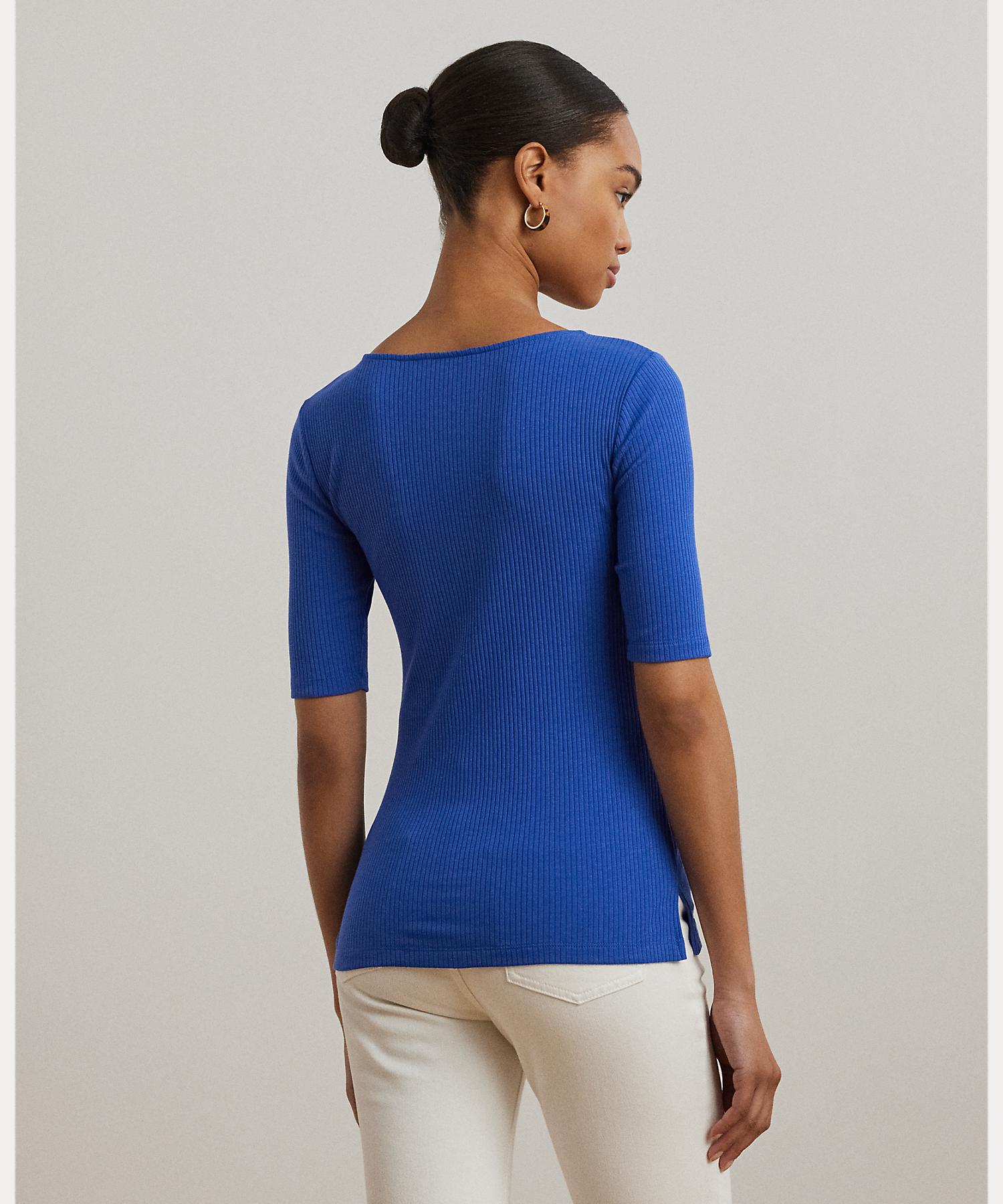 ローレン ラルフ ローレン LAUREN RALPH LAUREN リブニット コットンブレンド エルボースリーブ Tシャツ （400ブルー） 400ブルー