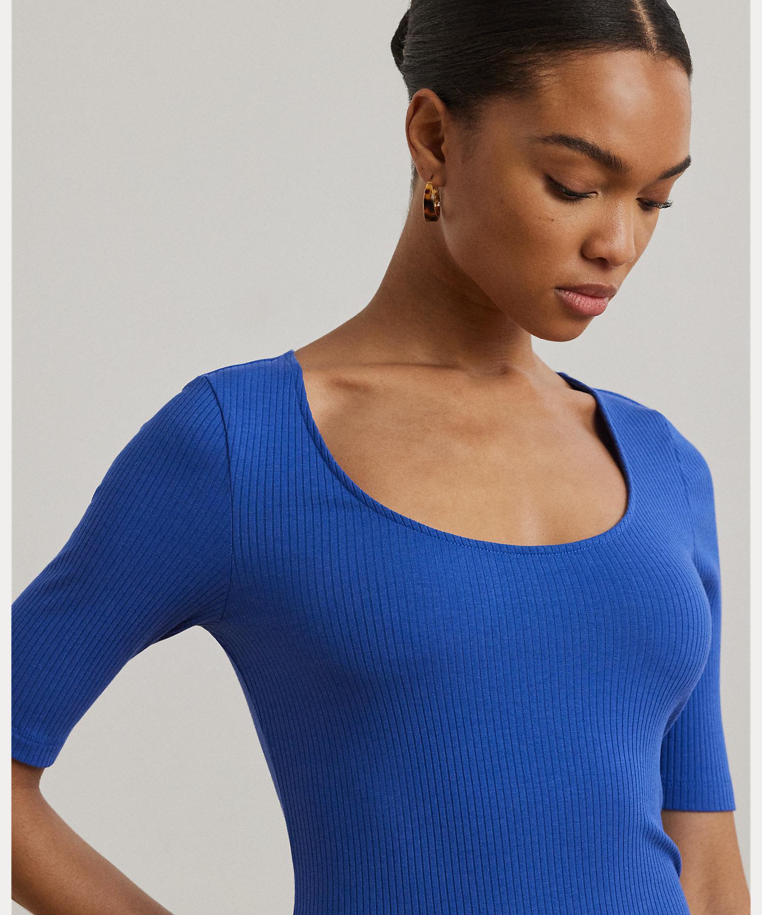 ローレン ラルフ ローレン LAUREN RALPH LAUREN リブニット コットンブレンド エルボースリーブ Tシャツ （400ブルー） 400ブルー