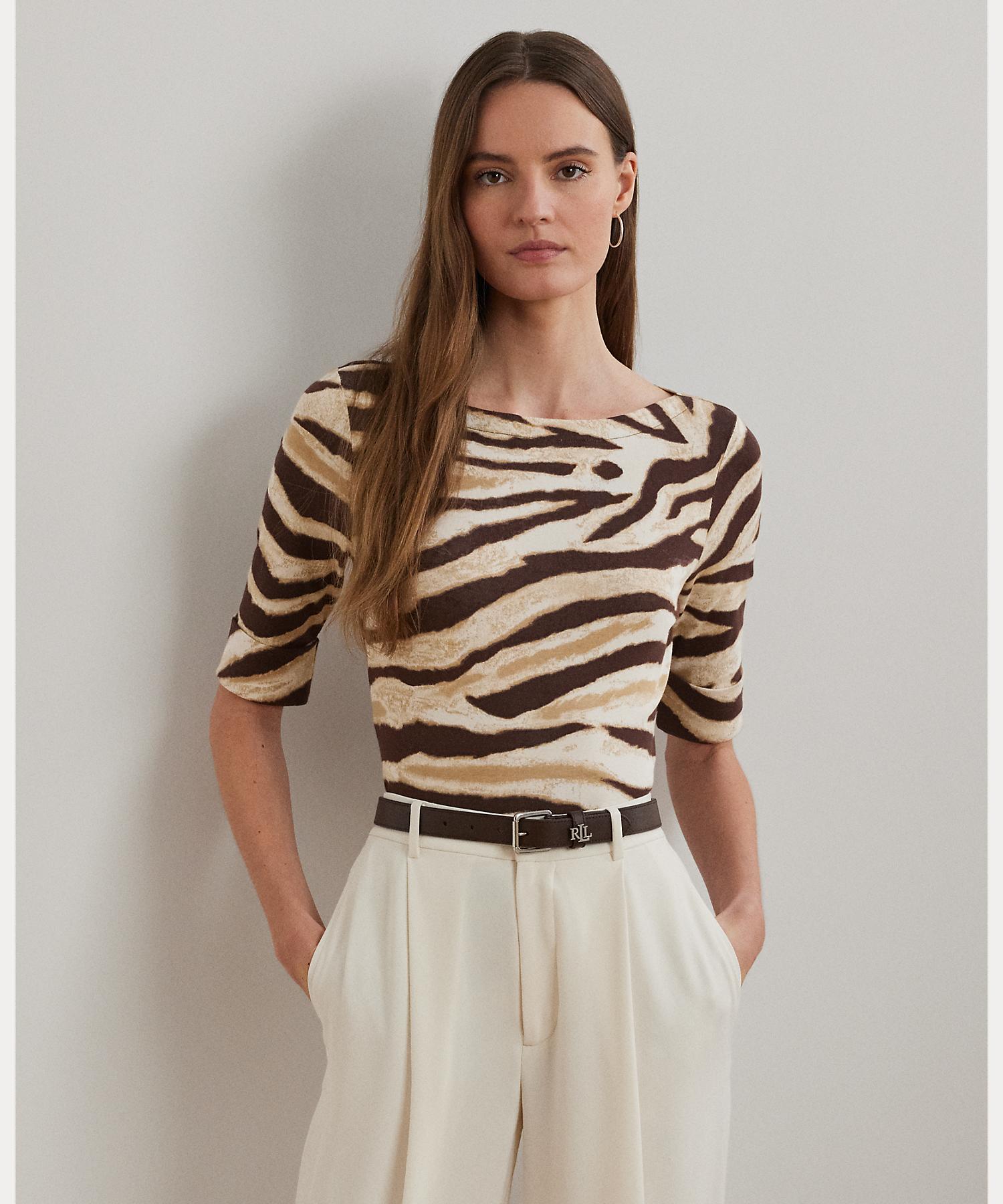 ローレン ラルフ ローレン LAUREN RALPH LAUREN ゼブラプリント ストレッチ コットン ボートネック Tシャツ （100ホワイト） 100ホワイト