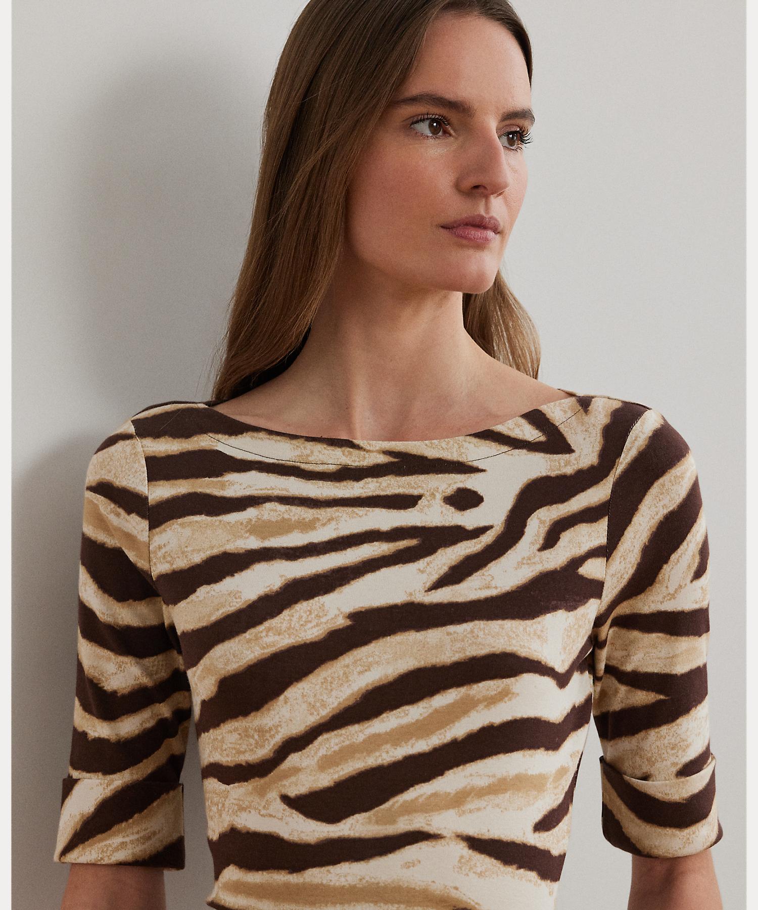 ローレン ラルフ ローレン LAUREN RALPH LAUREN ゼブラプリント ストレッチ コットン ボートネック Tシャツ （100ホワイト） 100ホワイト