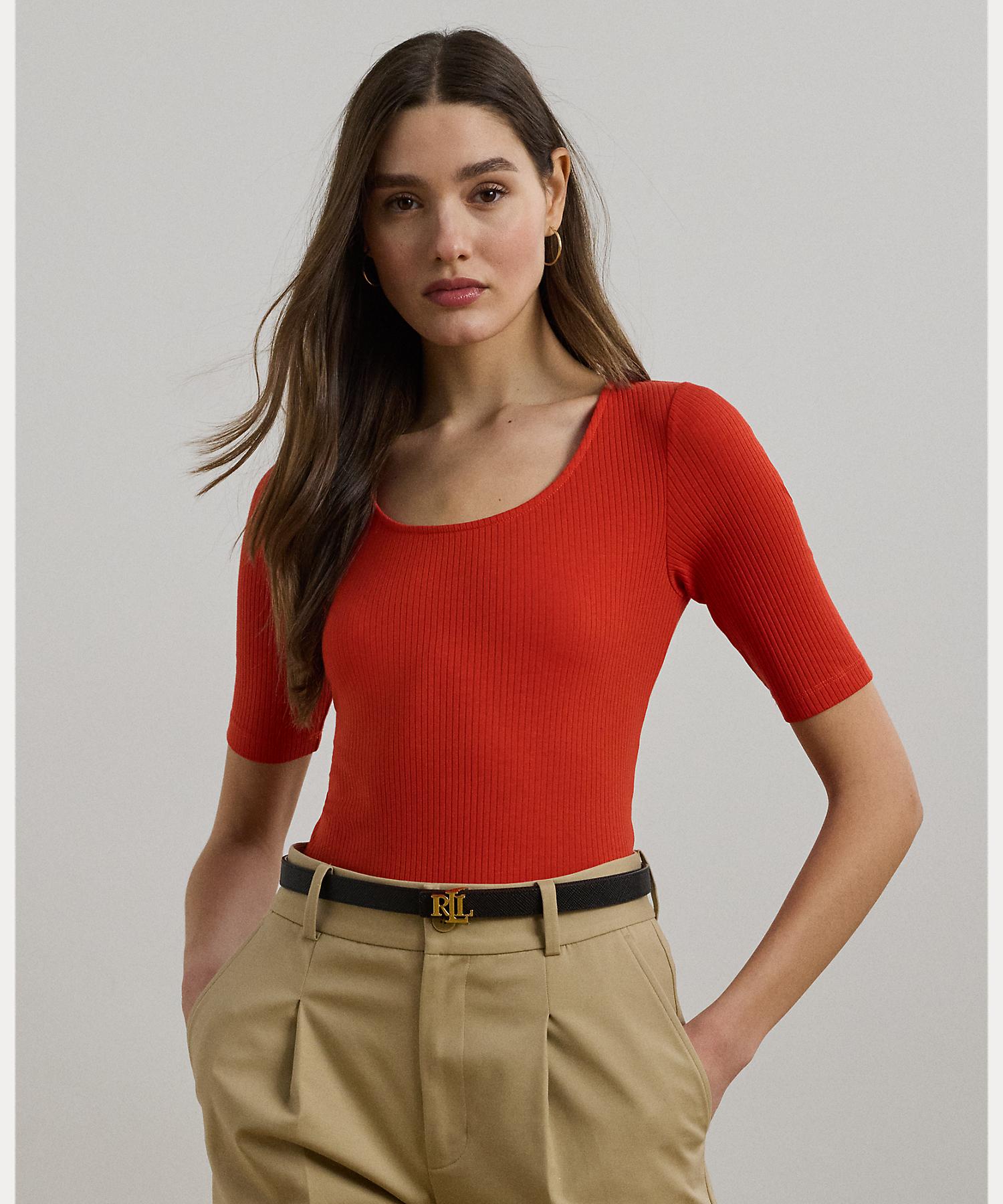ローレン ラルフ ローレン LAUREN RALPH LAUREN リブニット コットンブレンド エルボースリーブ Tシャツ （600レッド） 600レッド