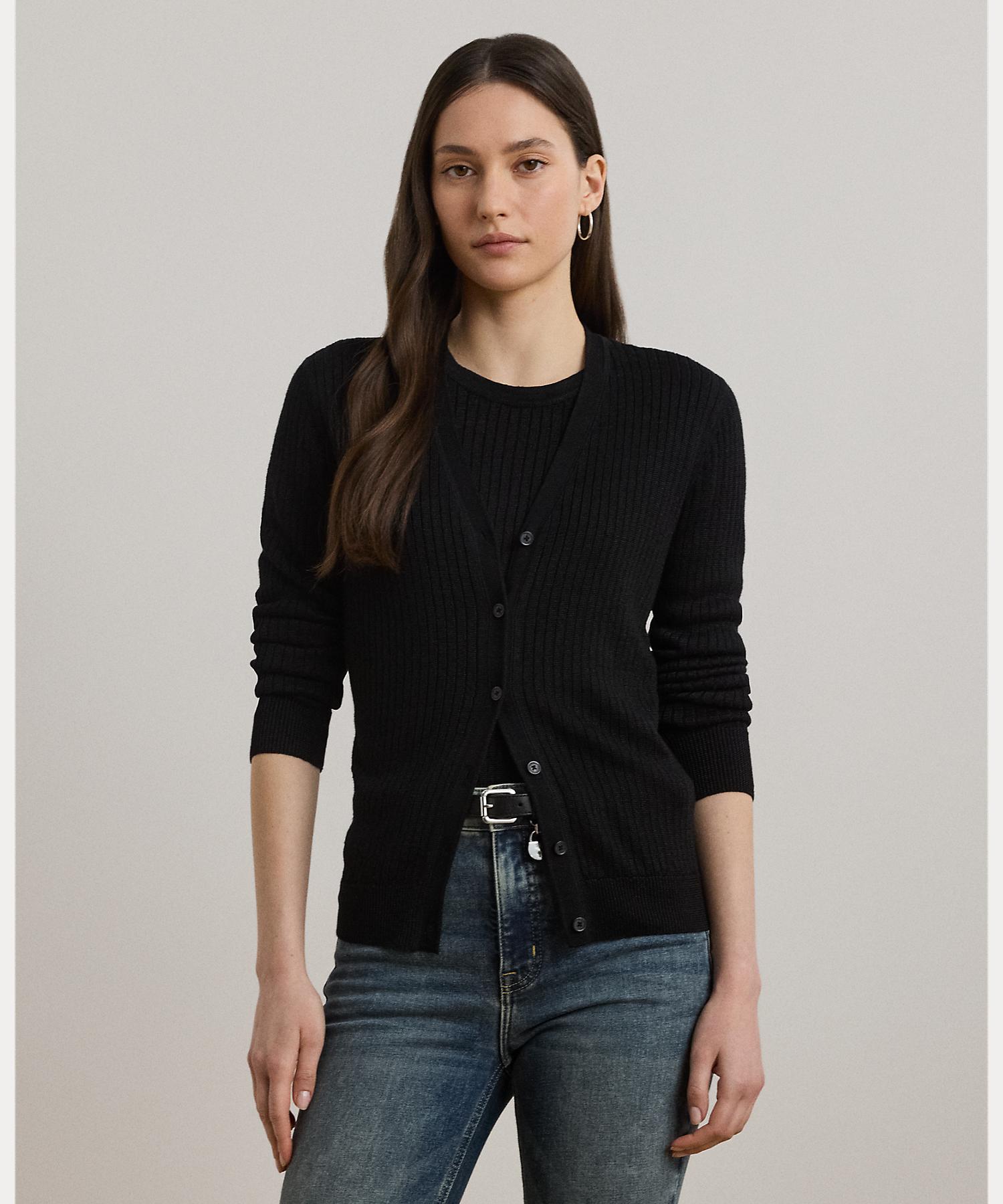 ローレン ラルフ ローレン LAUREN RALPH LAUREN リブニット リネンブレンド Vネック カーディガン （001ブラック） 001ブラック