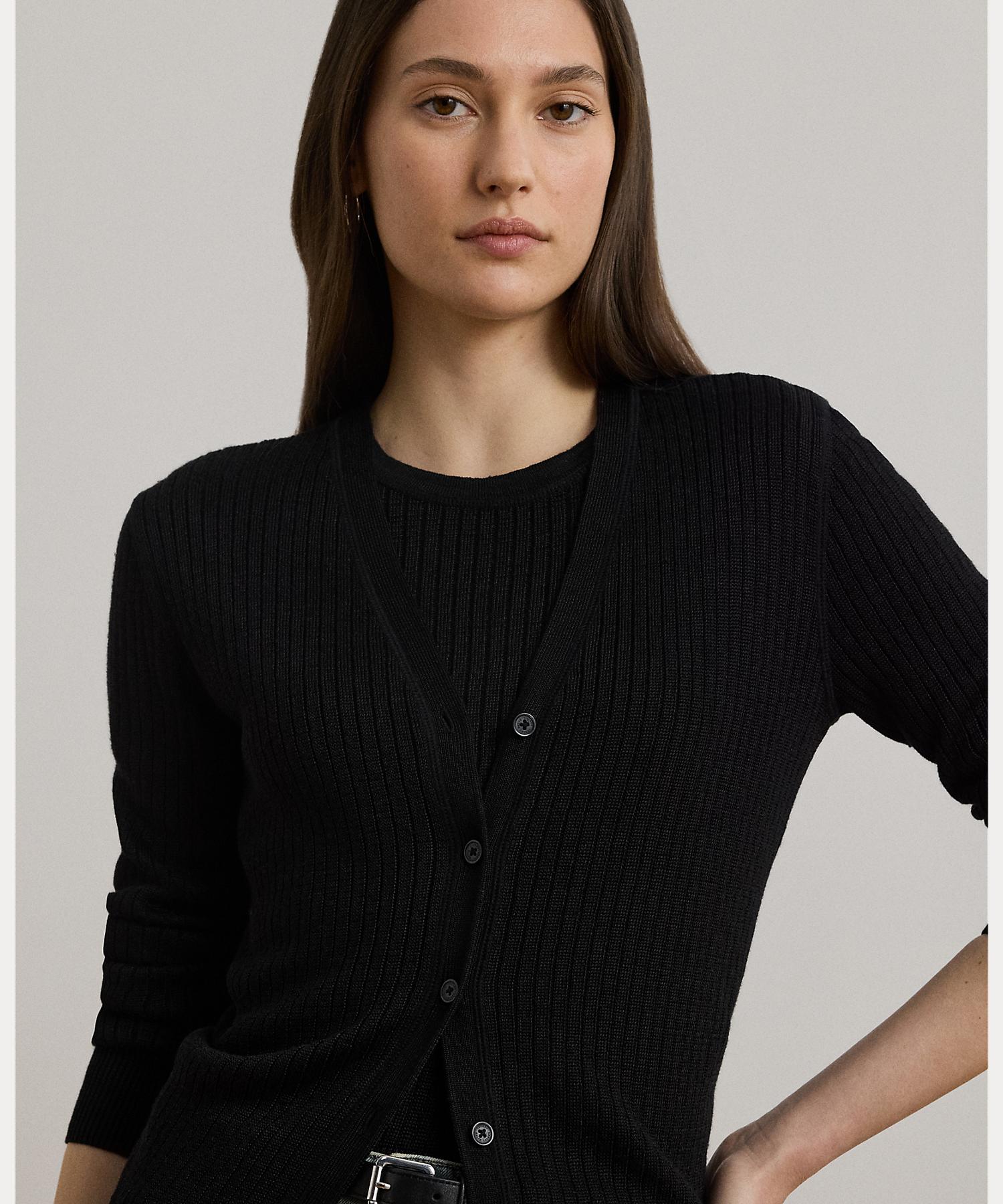 ローレン ラルフ ローレン LAUREN RALPH LAUREN リブニット リネンブレンド Vネック カーディガン （001ブラック） 001ブラック