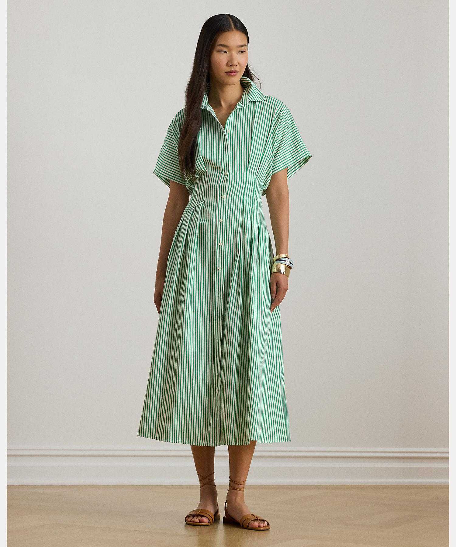 ローレン ラルフ ローレン LAUREN RALPH LAUREN ストライプド プリーテッド ブロードクロス シャツドレス （300グリーン） 300グリーン