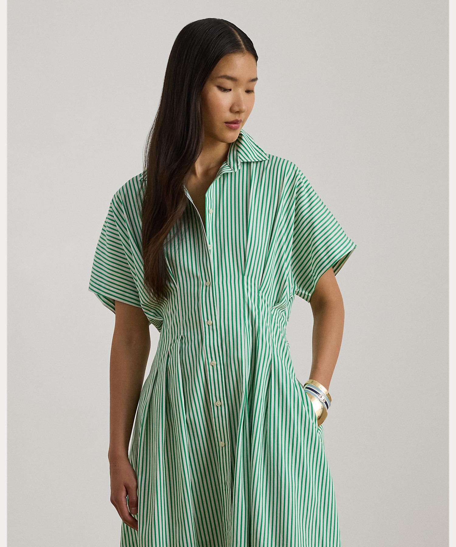 ローレン ラルフ ローレン LAUREN RALPH LAUREN ストライプド プリーテッド ブロードクロス シャツドレス （300グリーン） 300グリーン