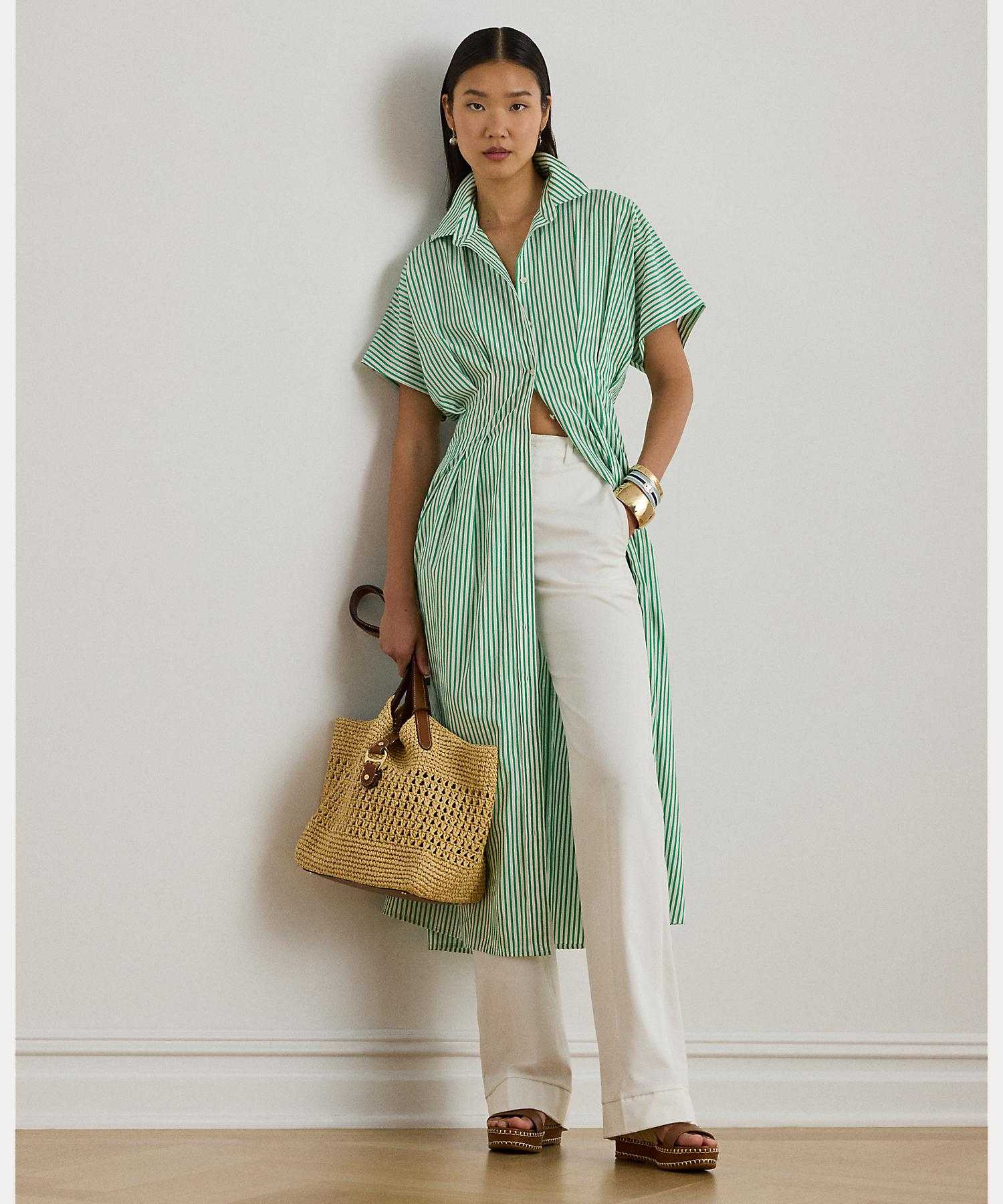 ローレン ラルフ ローレン LAUREN RALPH LAUREN ストライプド プリーテッド ブロードクロス シャツドレス （300グリーン） 300グリーン