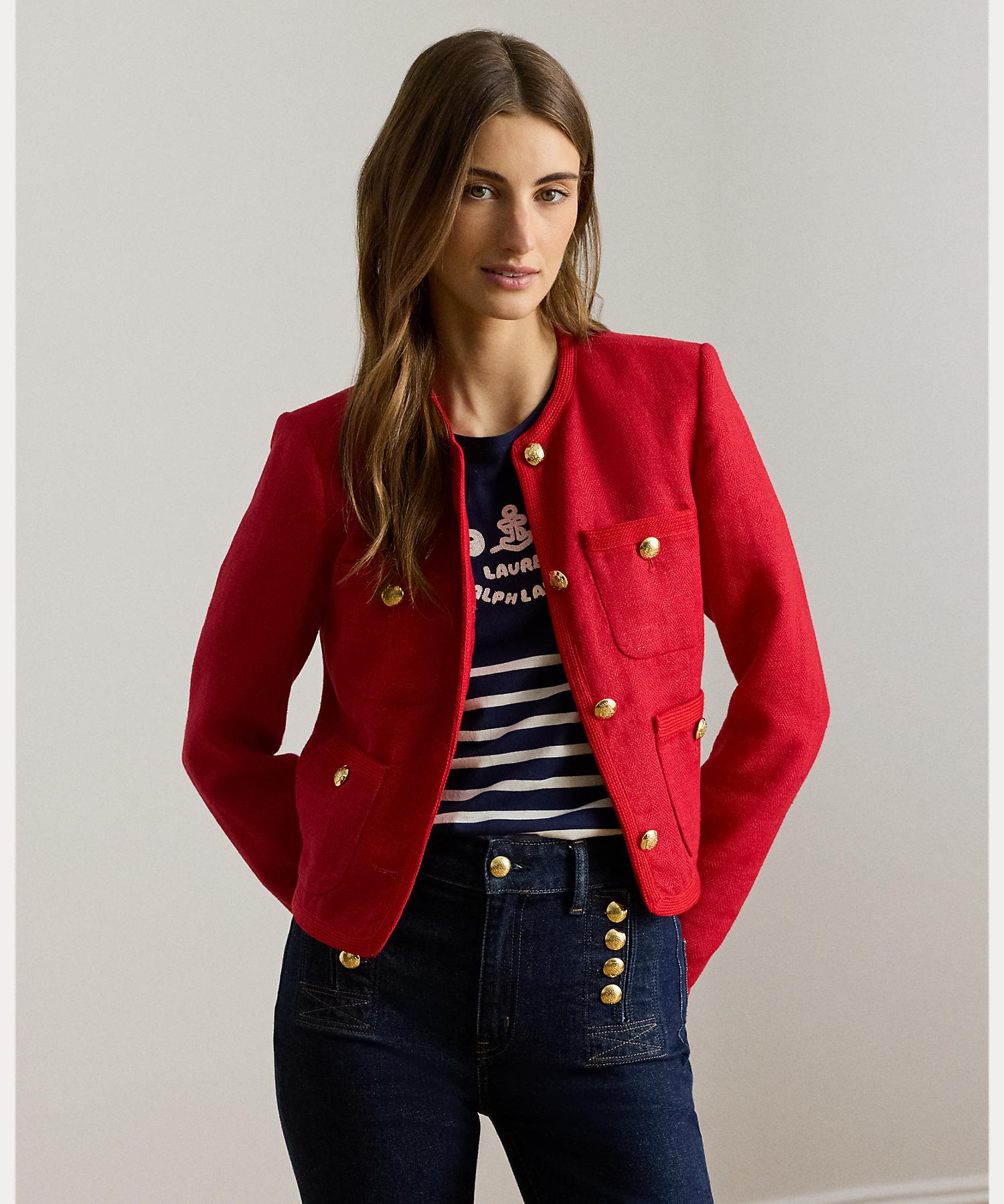 ローレン ラルフ ローレン LAUREN RALPH LAUREN リネン ヘリンボーン クロップド ジャケット （600レッド） 600レッド