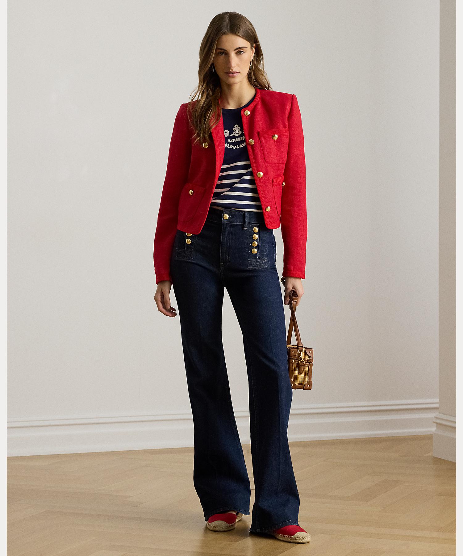 ローレン ラルフ ローレン LAUREN RALPH LAUREN リネン ヘリンボーン クロップド ジャケット （600レッド） 600レッド