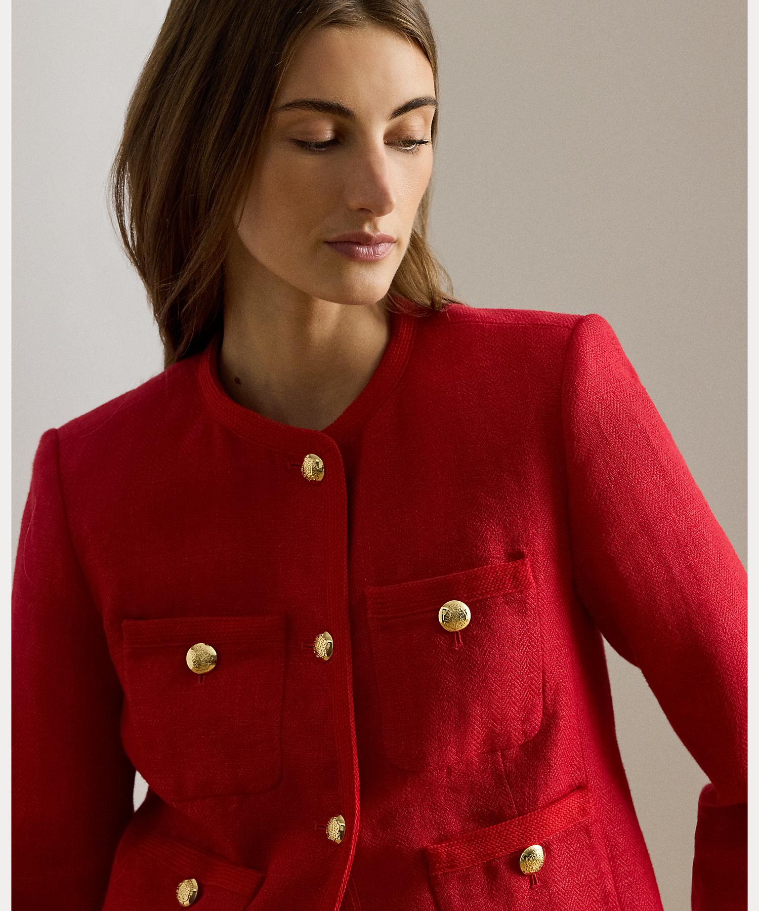 ローレン ラルフ ローレン LAUREN RALPH LAUREN リネン ヘリンボーン クロップド ジャケット （600レッド） 600レッド