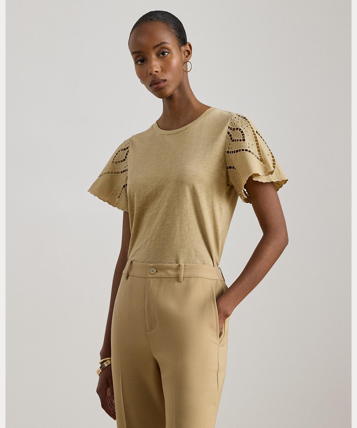 ローレン ラルフ ローレン LAUREN RALPH LAUREN アイレット コットン ジャージー & ブロードクロス トップ （270ブラウン） 270ブラウン