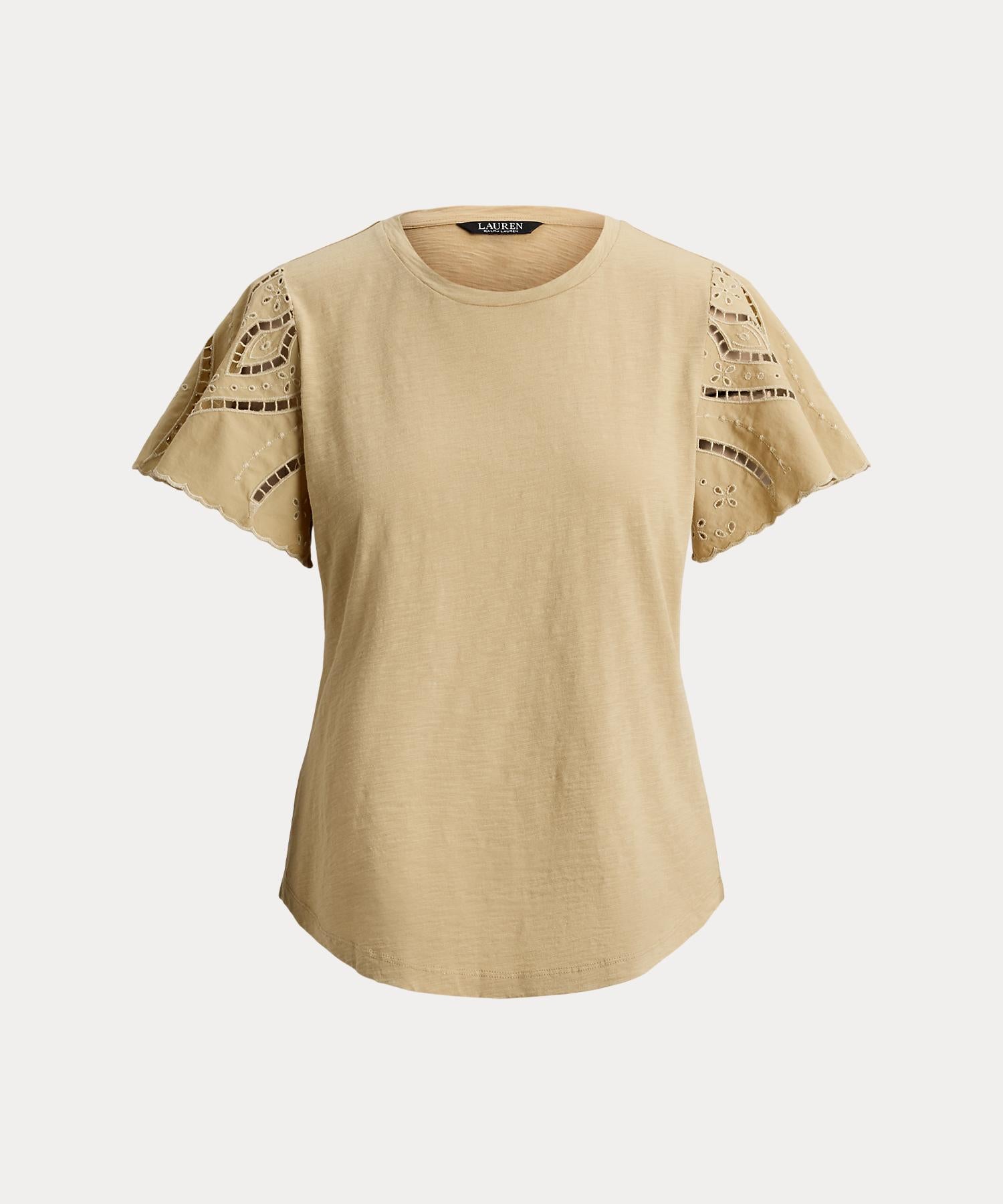 ローレン ラルフ ローレン LAUREN RALPH LAUREN アイレット コットン ジャージー & ブロードクロス トップ （270ブラウン） 270ブラウン