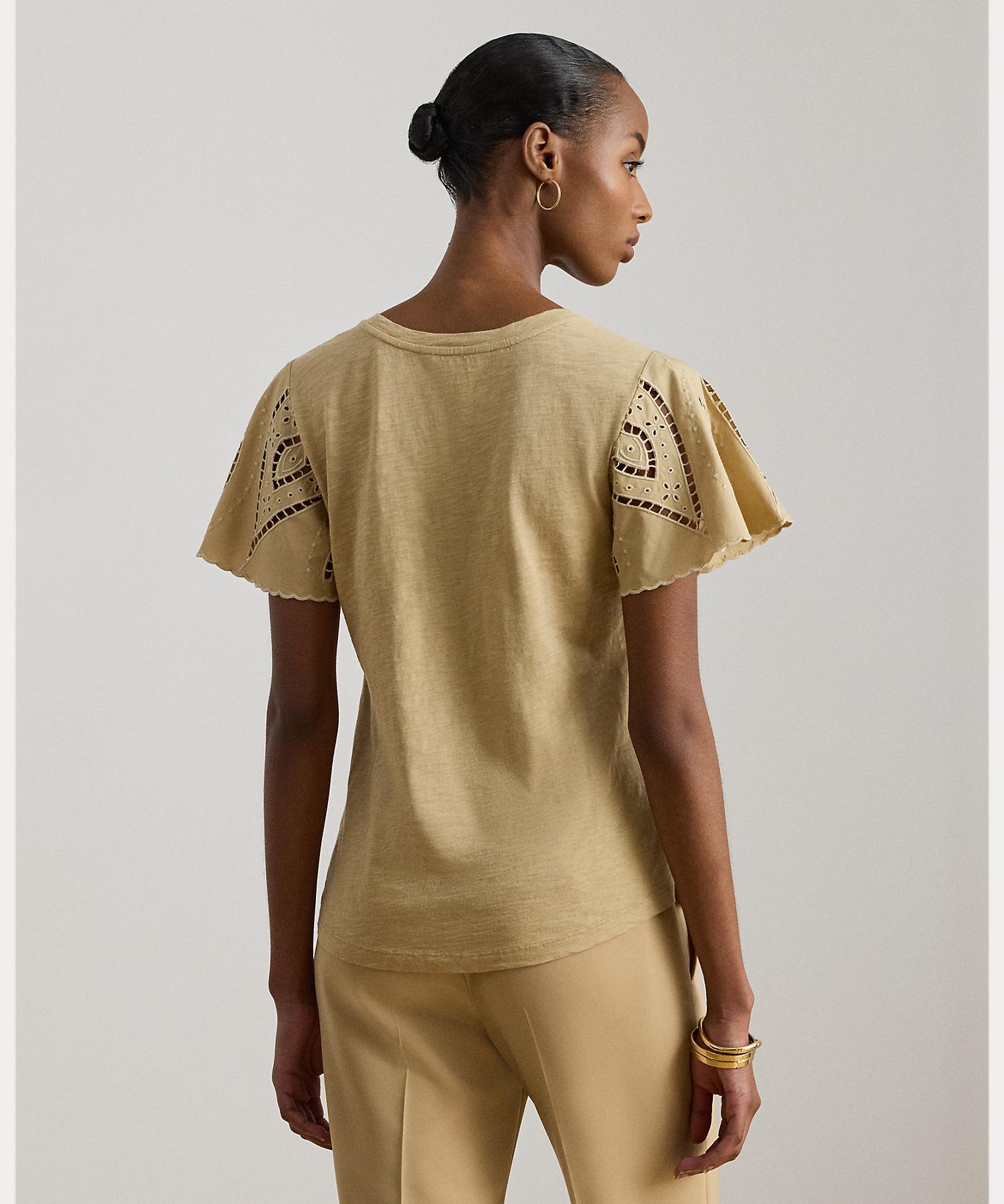 ローレン ラルフ ローレン LAUREN RALPH LAUREN アイレット コットン ジャージー & ブロードクロス トップ （270ブラウン） 270ブラウン