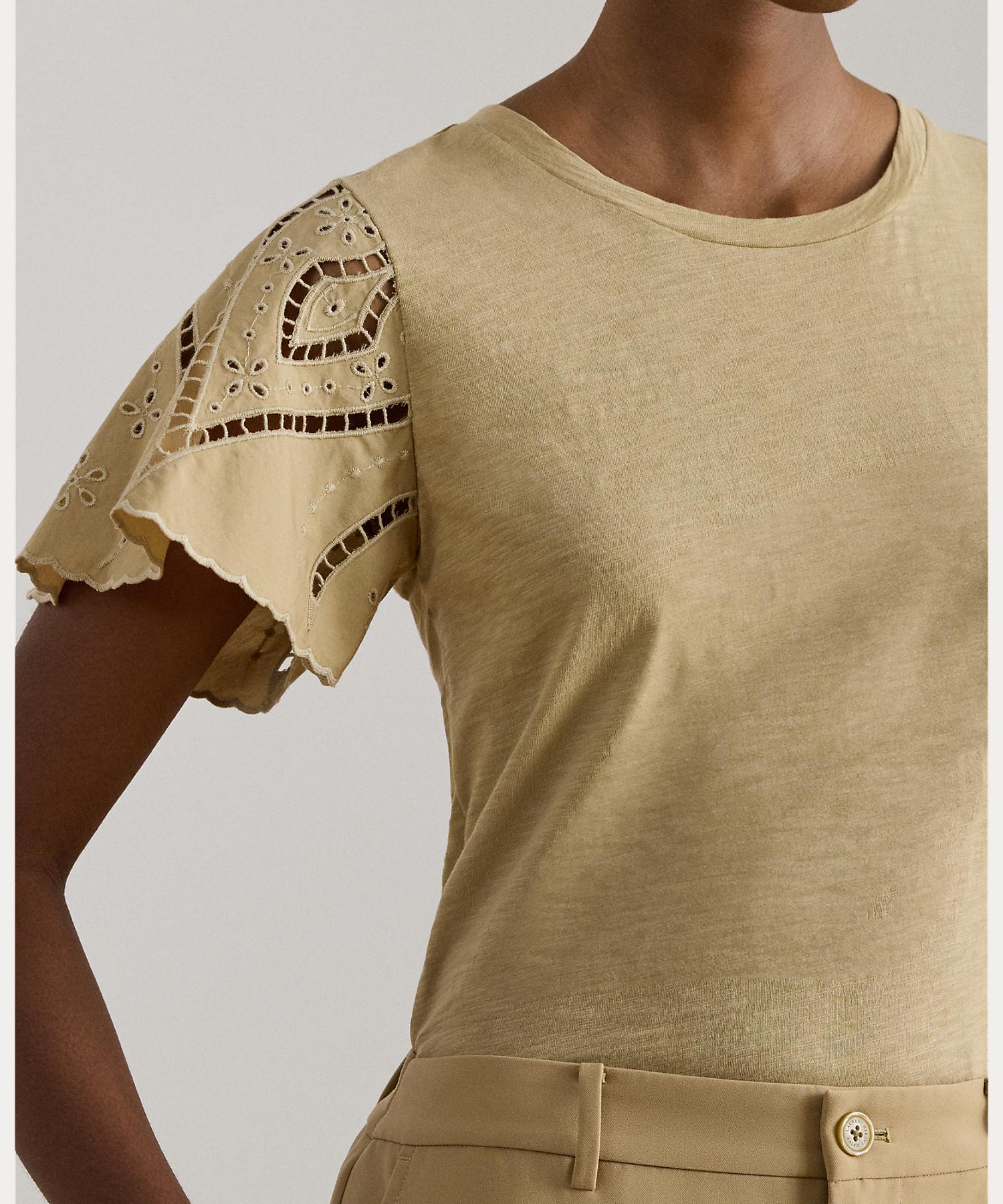 ローレン ラルフ ローレン LAUREN RALPH LAUREN アイレット コットン ジャージー & ブロードクロス トップ （270ブラウン） 270ブラウン