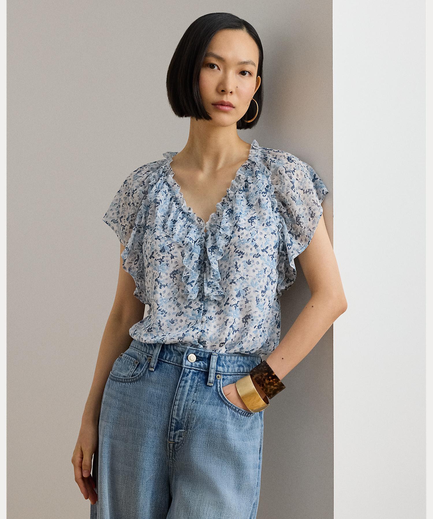 ローレン ラルフ ローレン LAUREN RALPH LAUREN フローラル フリルトリム ジョーゼット ブラウス （100ホワイト） 100ホワイト