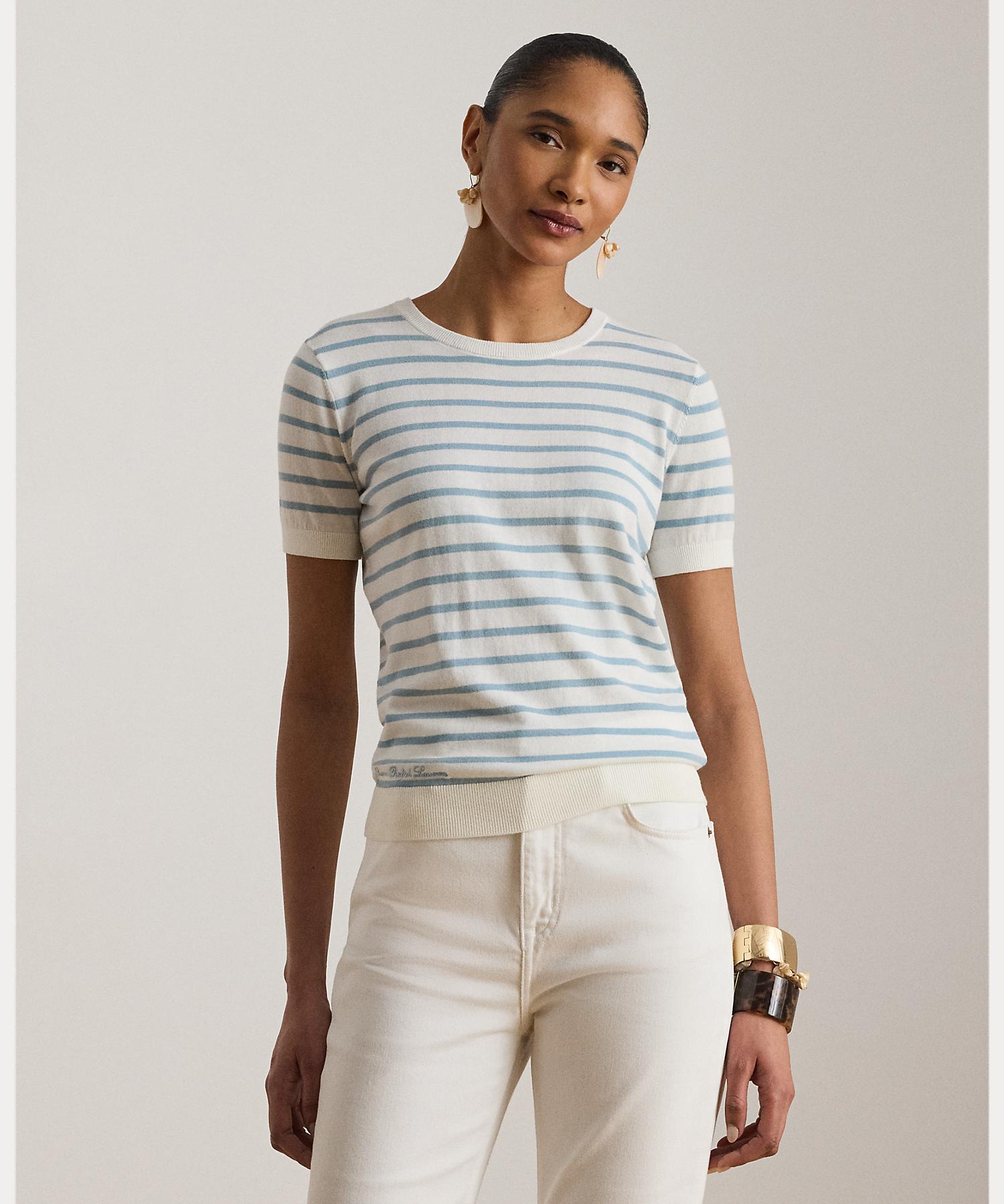 ローレン ラルフ ローレン LAUREN RALPH LAUREN ストライプド コットン ショートスリーブ セーター （100ホワイト） 100ホワイト