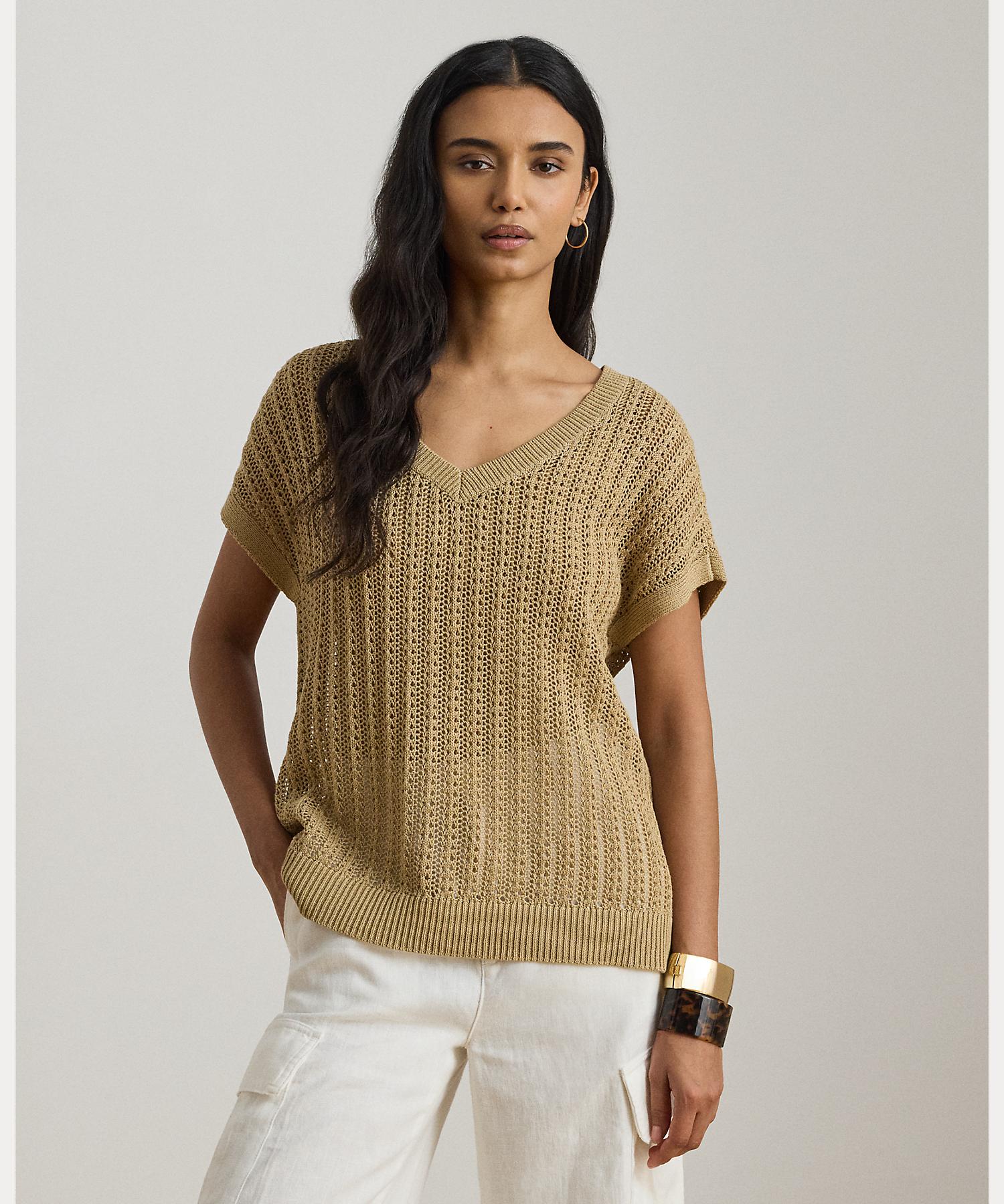 ローレン ラルフ ローレン LAUREN RALPH LAUREN コットンブレンド メッシュ ショートスリーブ セーター （270ブラウン） 270ブラウン