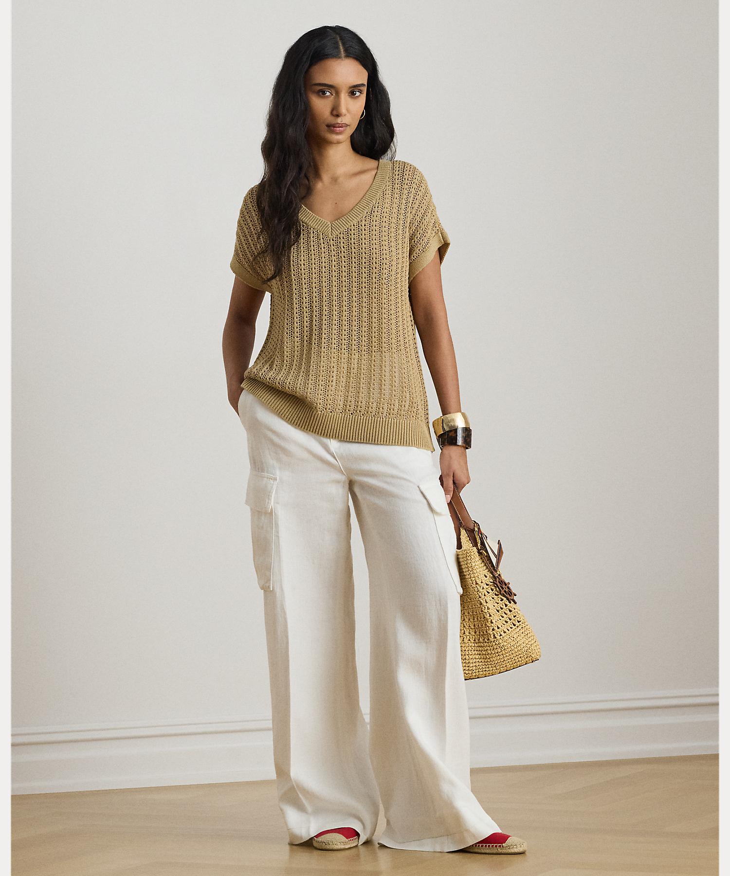 ローレン ラルフ ローレン LAUREN RALPH LAUREN コットンブレンド メッシュ ショートスリーブ セーター （270ブラウン） 270ブラウン