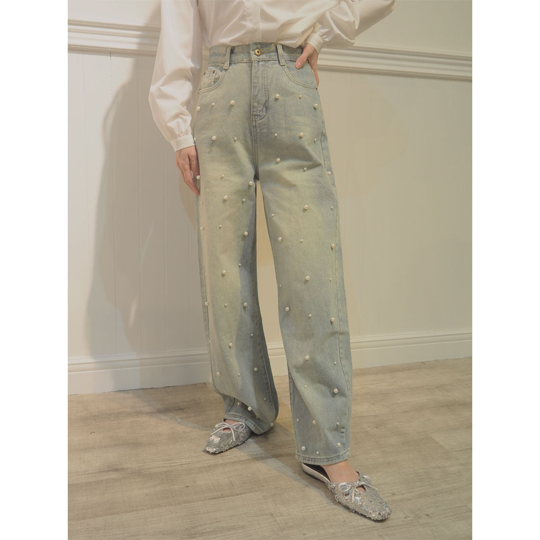 LA POMME petit Pearl Deco Wide Denim Pants