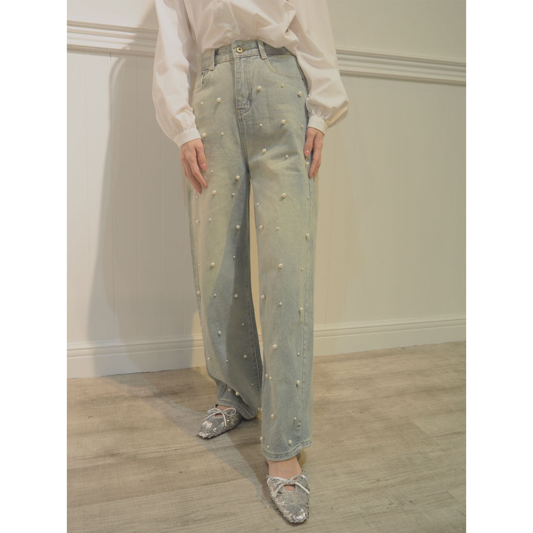 LA POMME petit Pearl Deco Wide Denim Pants