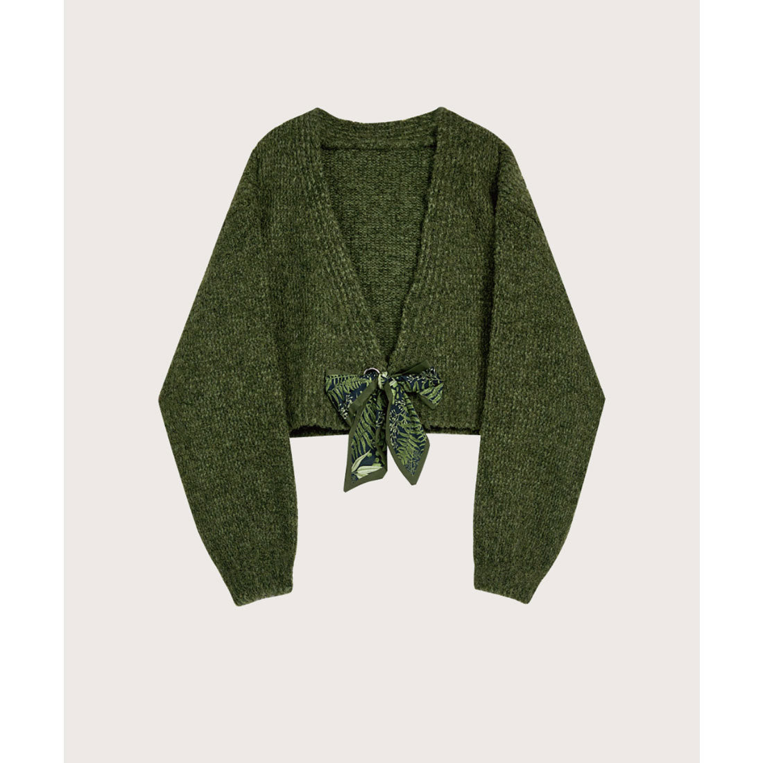 LA POMME petit Lace Open Collar Cardigan Cherry Ribbon Fluffy Knit