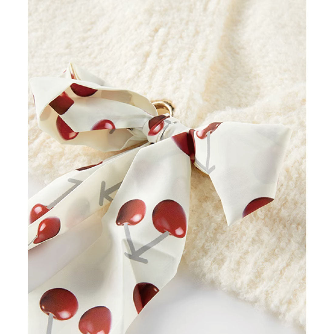 LA POMME petit Lace Open Collar Cardigan Cherry Ribbon Fluffy Knit