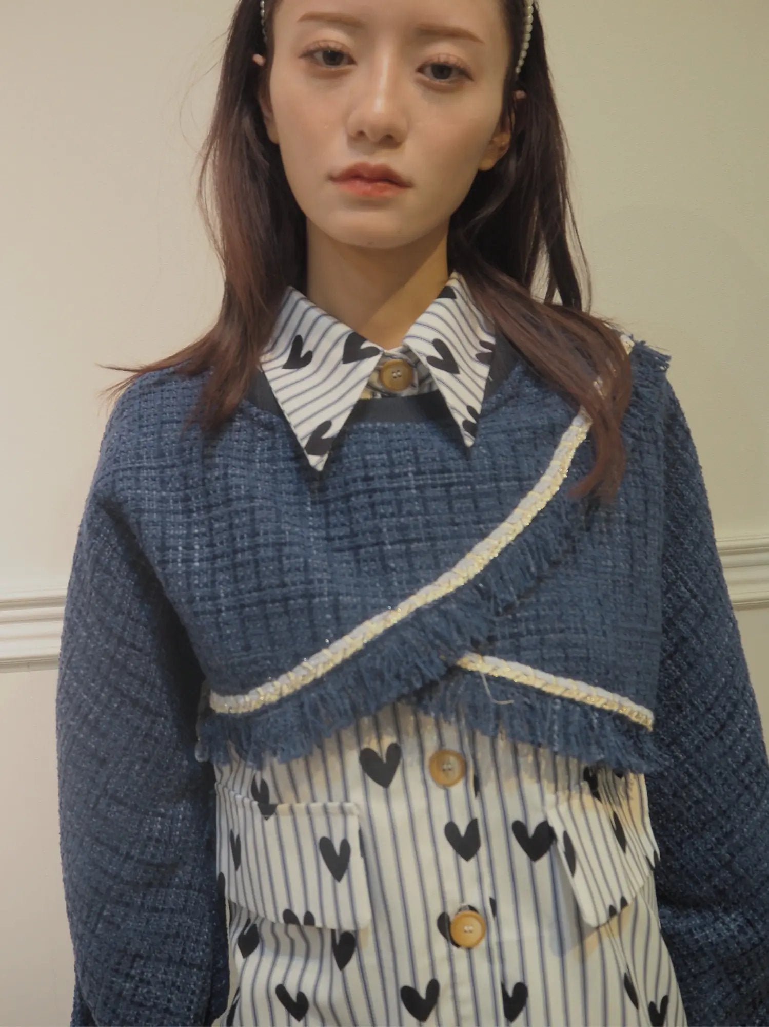 ラポミ プチ LA POMME petit Cape Patchwork Stripe Shirt ケープパッチワークストライプシャツ