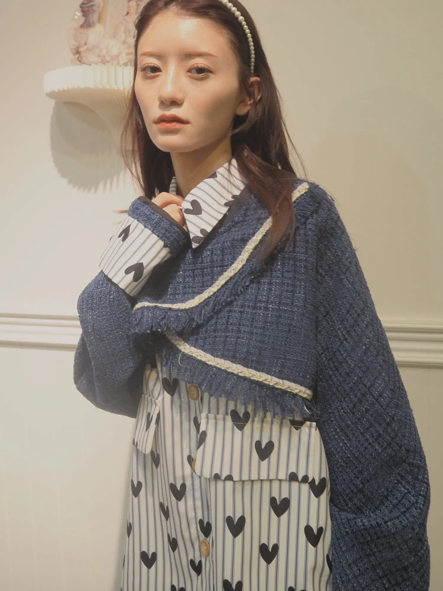 ラポミ プチ LA POMME petit Cape Patchwork Stripe Shirt ケープパッチワークストライプシャツ