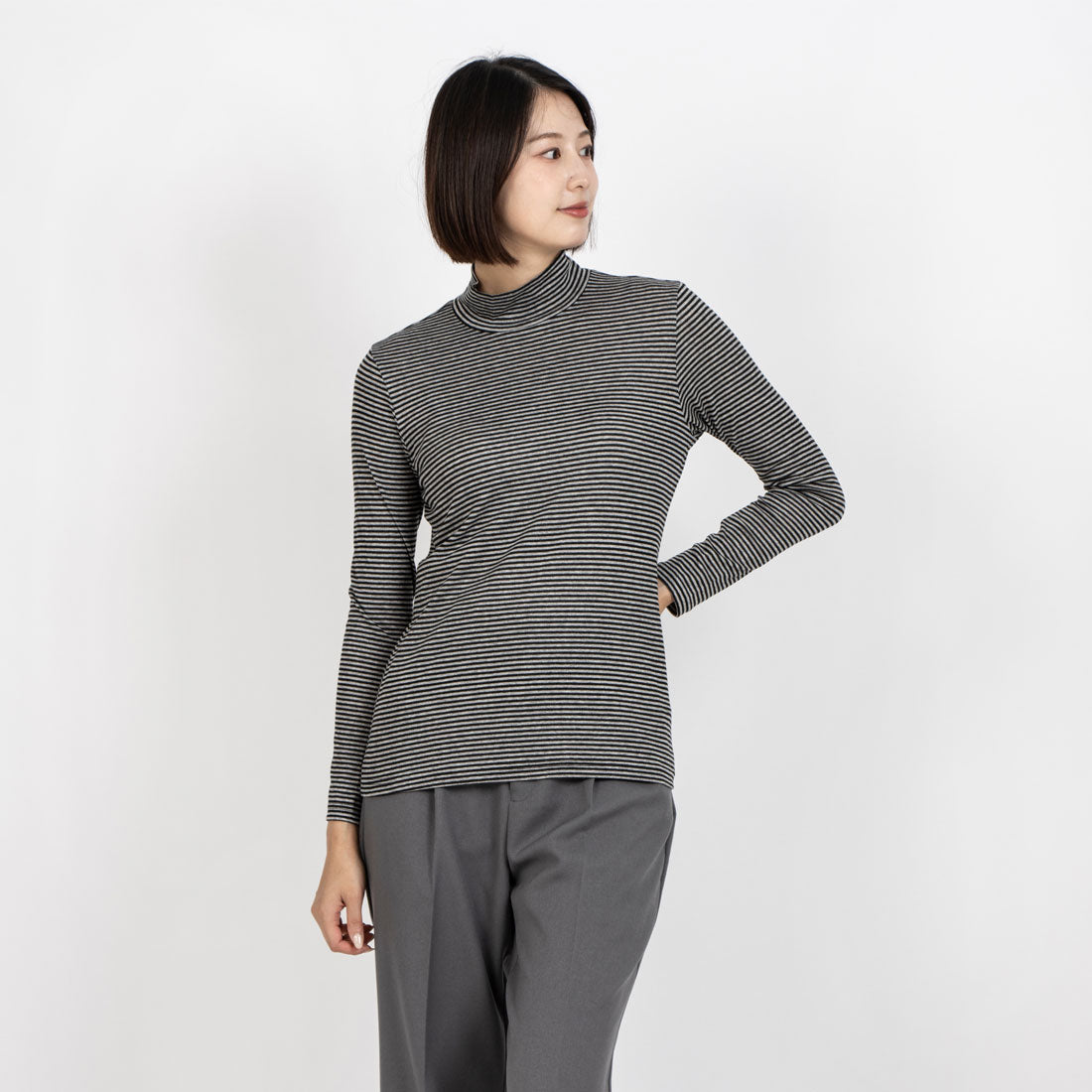 JOCONDEトップス La Joconde 【Washable】 High Neck Striped Cut and Sew Top