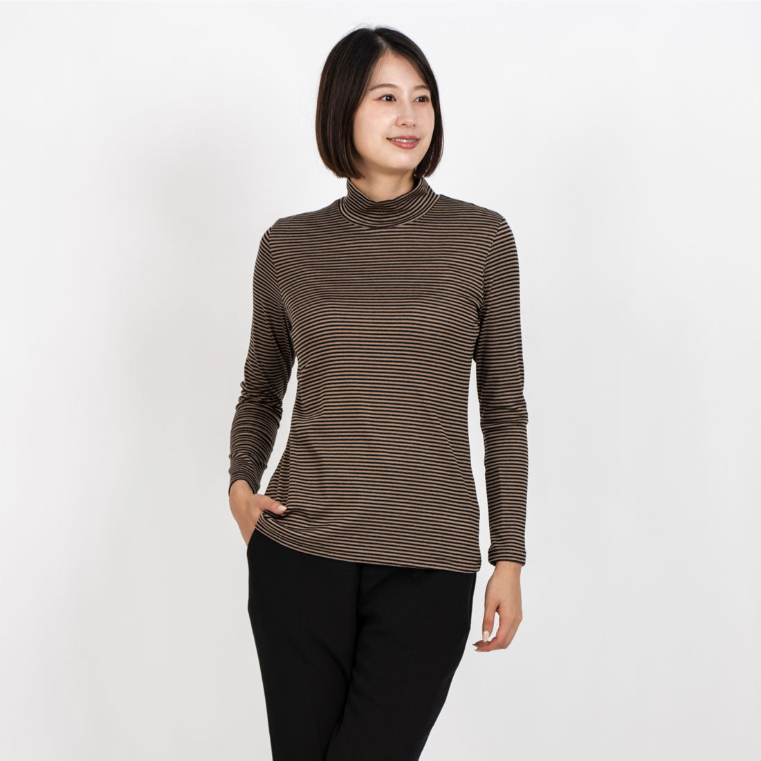 La Joconde 【Washable】 High Neck Striped Cut and Sew Top
