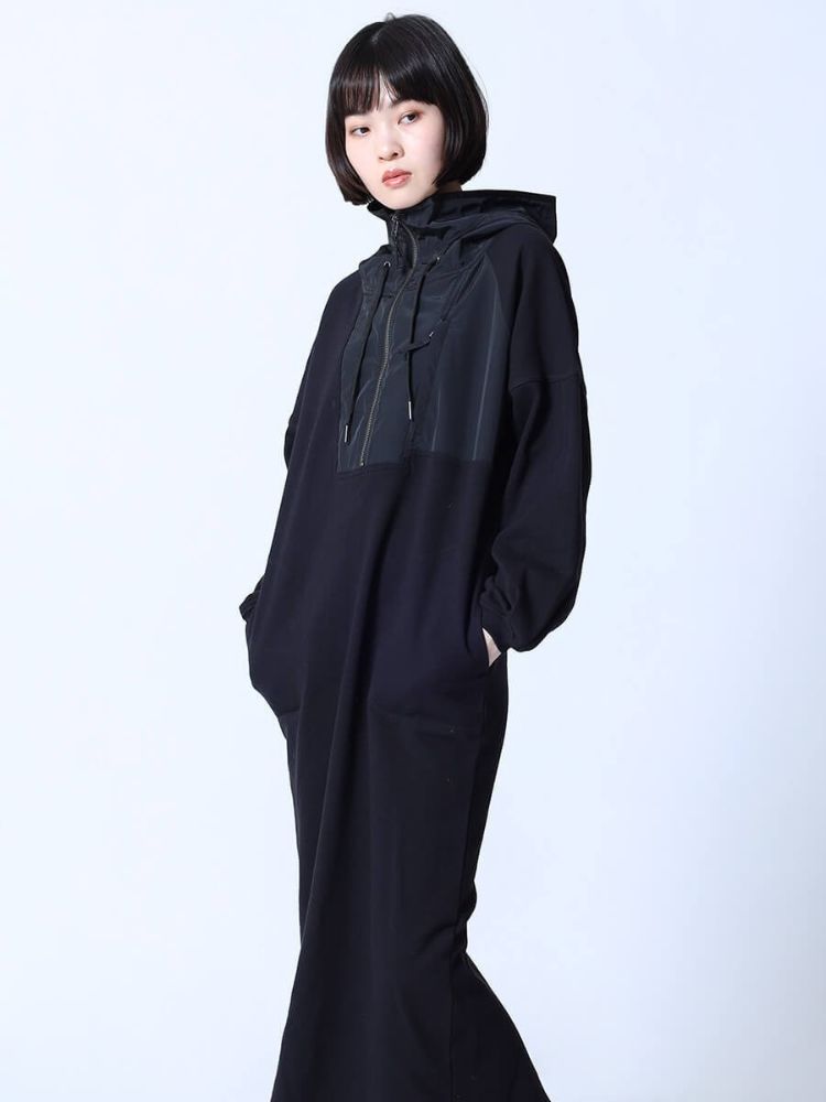 ラシュッド LASUD フード付きハーフジップワンピース