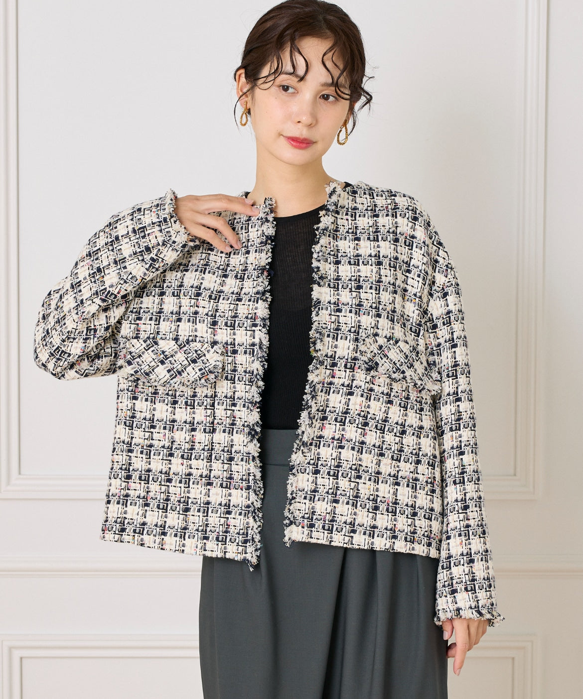 ラヴェイユ バイ スーペリアクローゼット la veille by SUPERIOR CLOSET 《大きいサイズ》LINTONノーカラージャケット （オフホワイト1） オフホワイト1