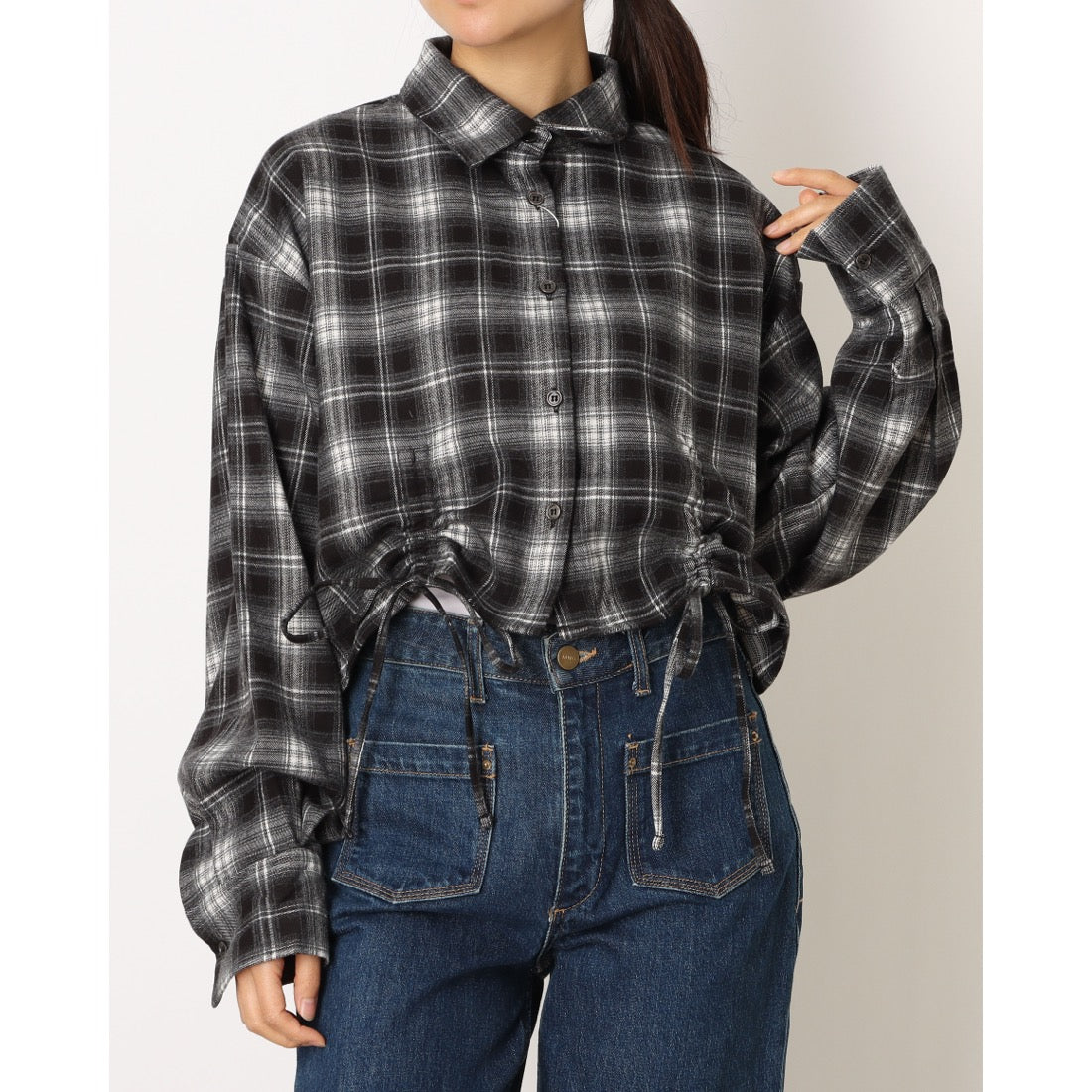 ラテラテ lattelatte ドローストリング クロップド ネルシャツ （ブラック） ブラック