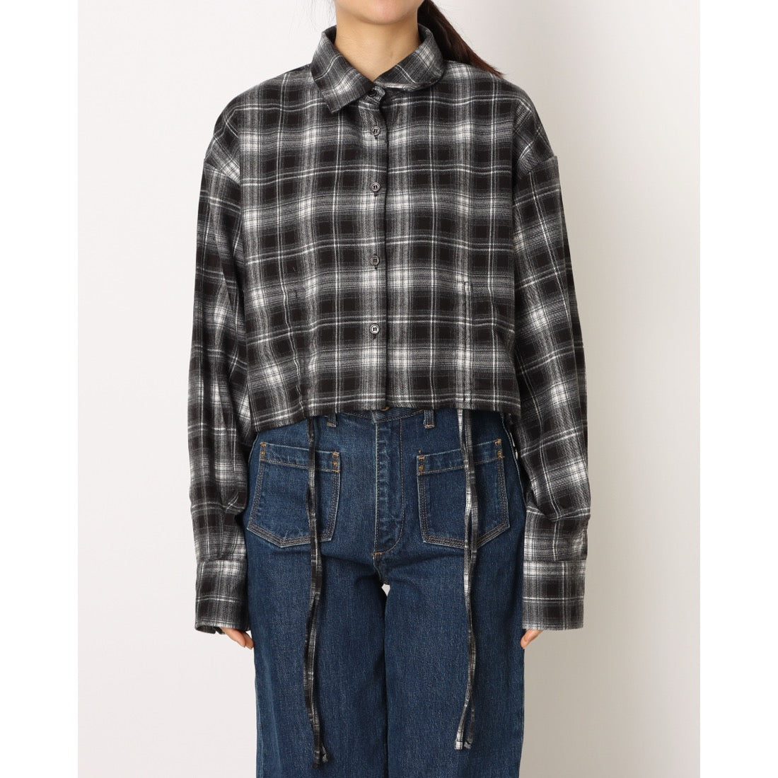 ラテラテ lattelatte ドローストリング クロップド ネルシャツ （ブラック） ブラック