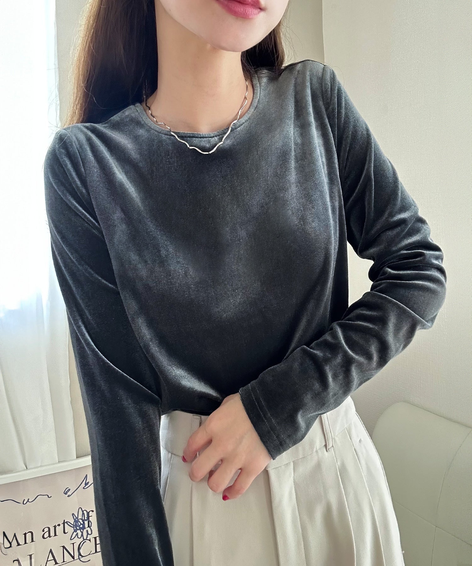 ラウアー LAUIR 【取り外し可能パット付き】バックオープンベロアトップス,チャコール