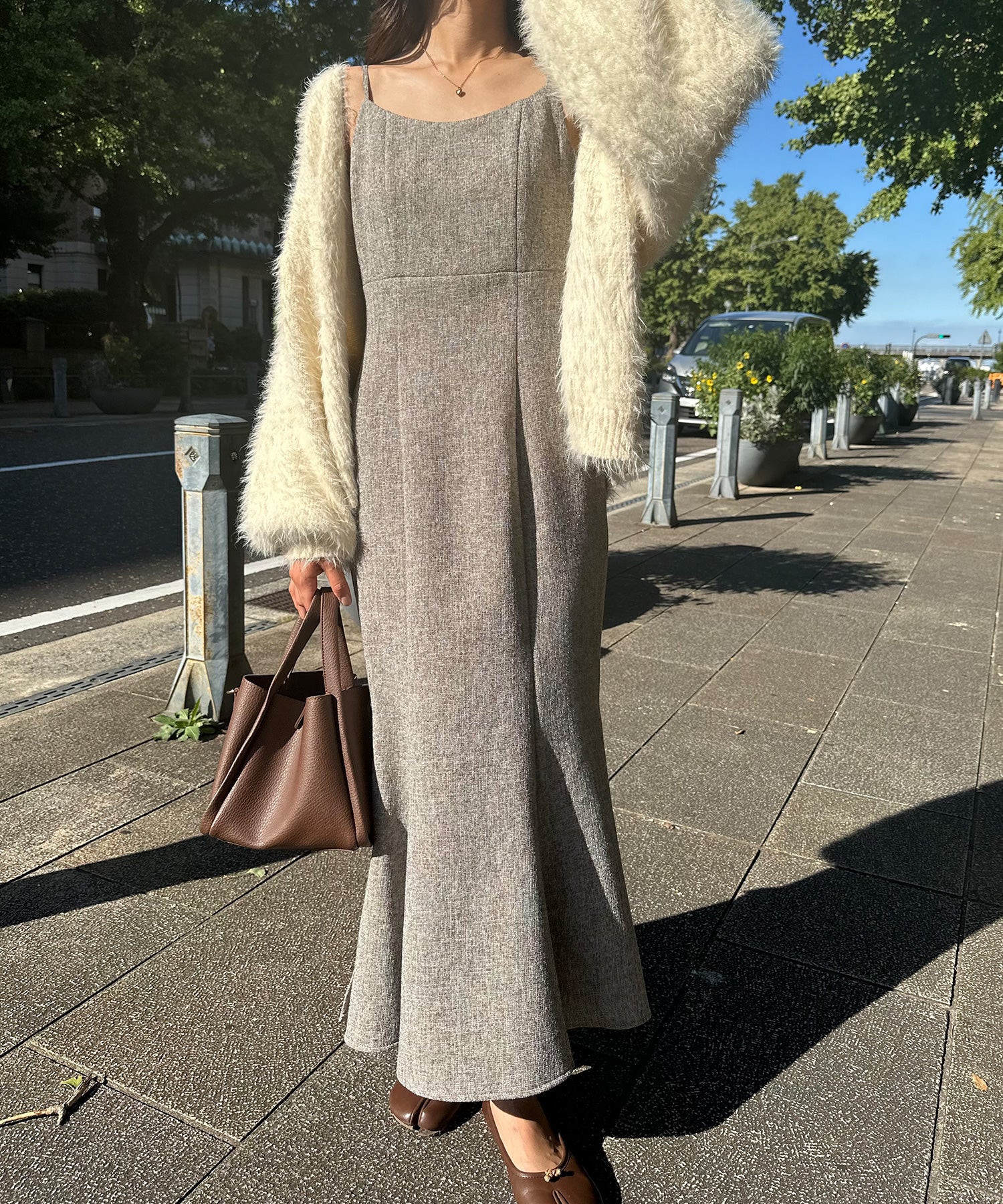 ラウアー LAUIR 裏起毛ツイードバックリボンキャミワンピ,ライトブラウン