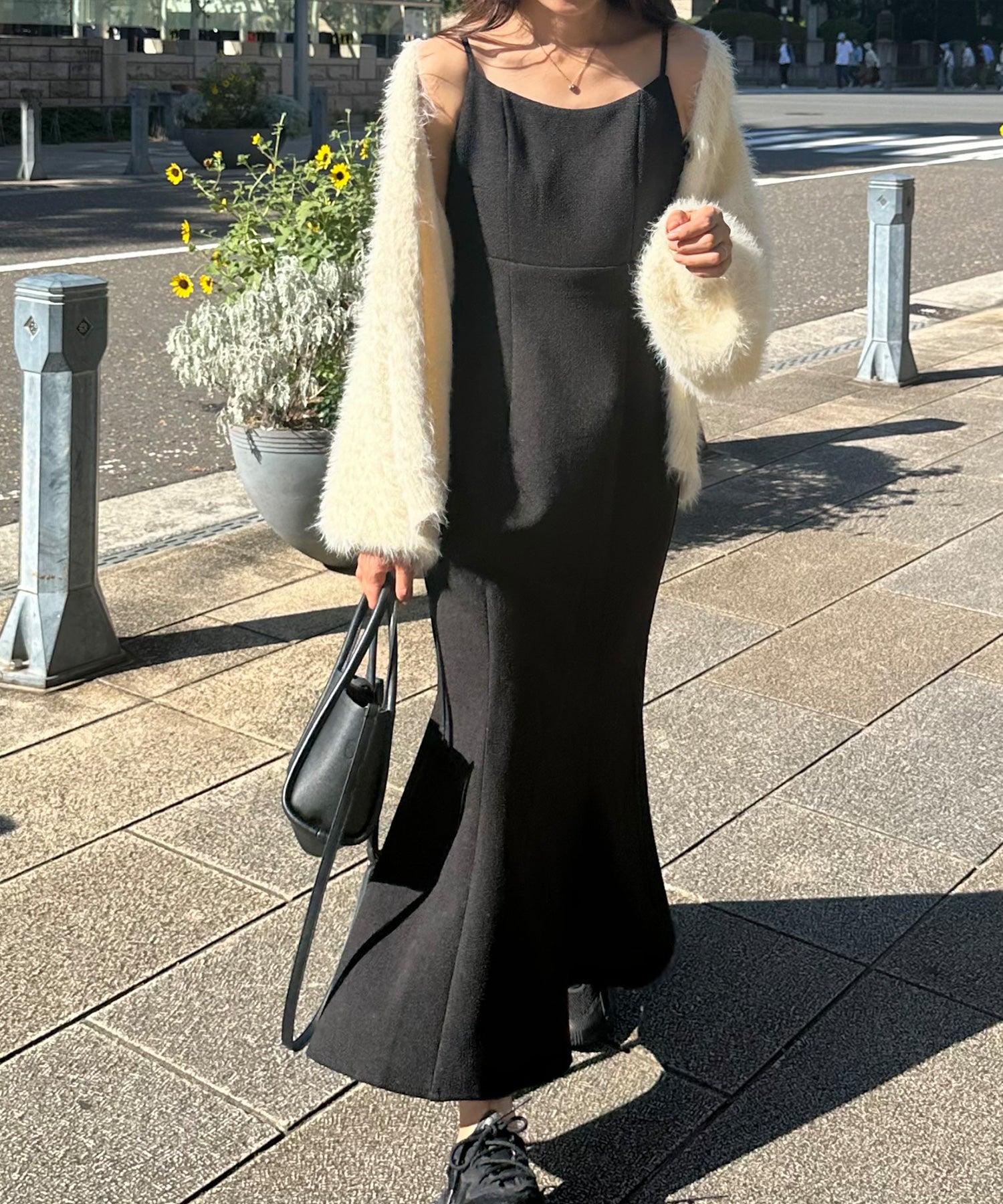 ラウアー LAUIR 裏起毛ツイードバックリボンキャミワンピ