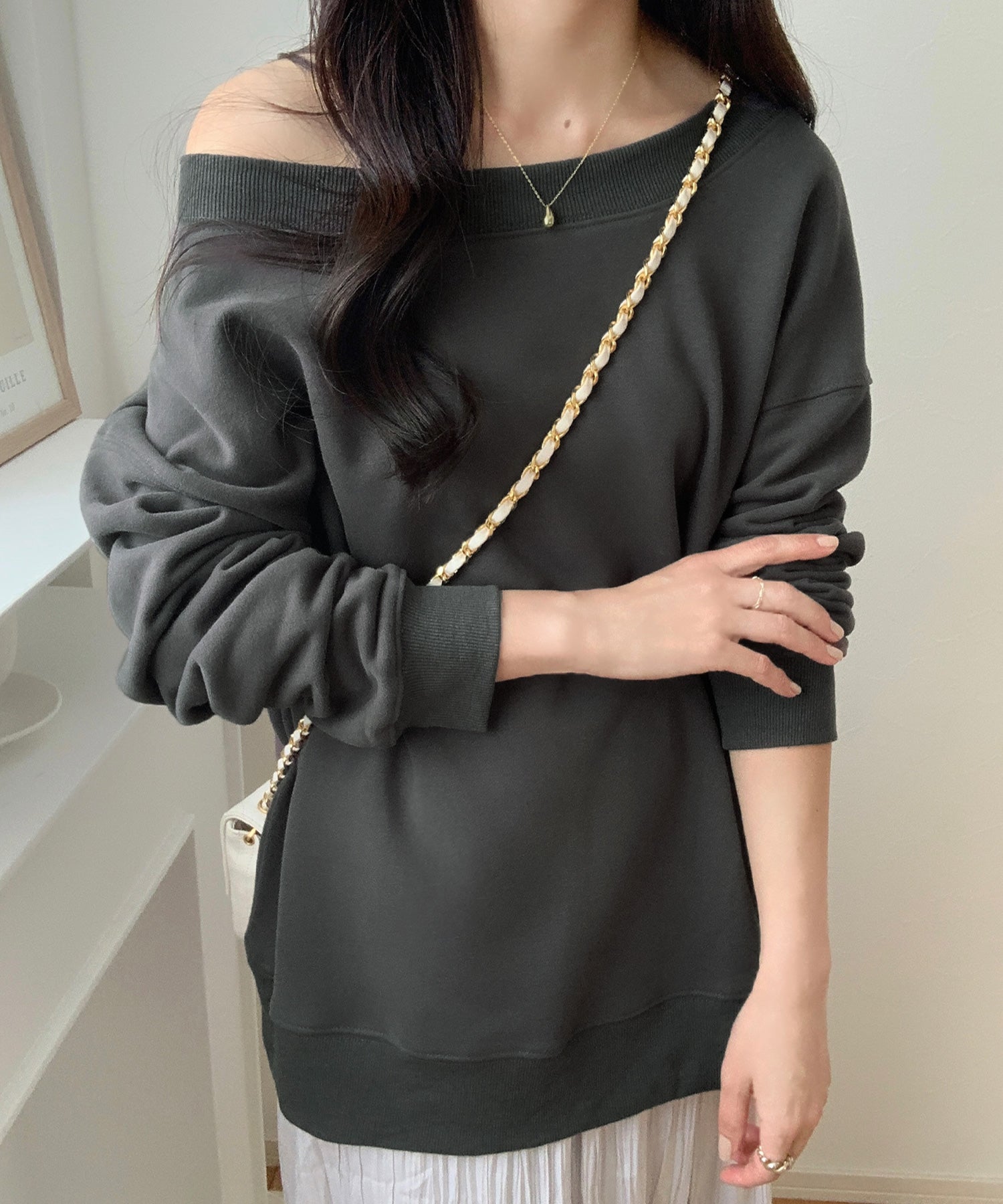 ラウアー LAUIR 2wayオフショル裏起毛スウェット,チャコール