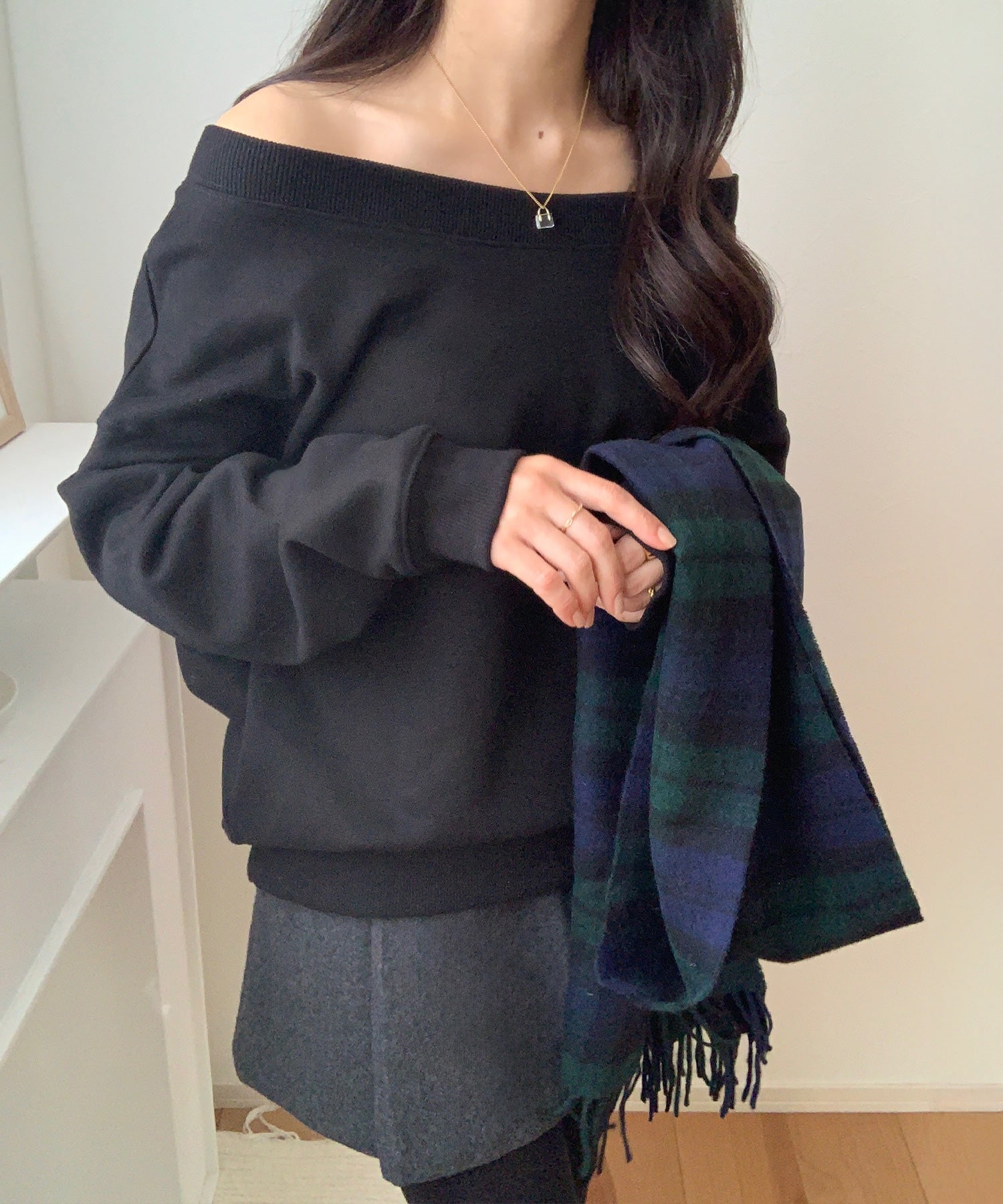 ラウアー LAUIR 2wayオフショル裏起毛スウェット,ブラック